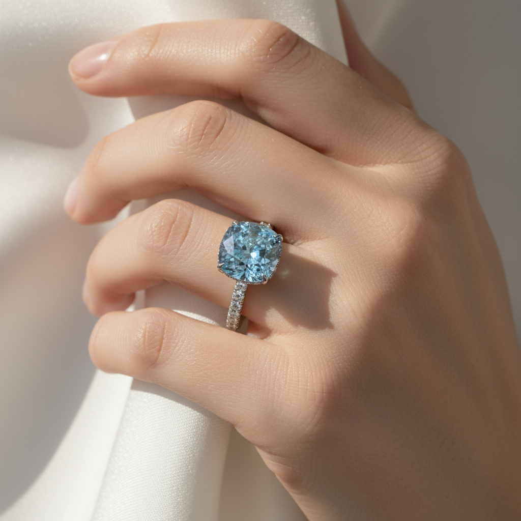 2.5 Carat Fancy Blue Cushion Cut Hidden Halo & Pave Lab Grown Diamond Ring