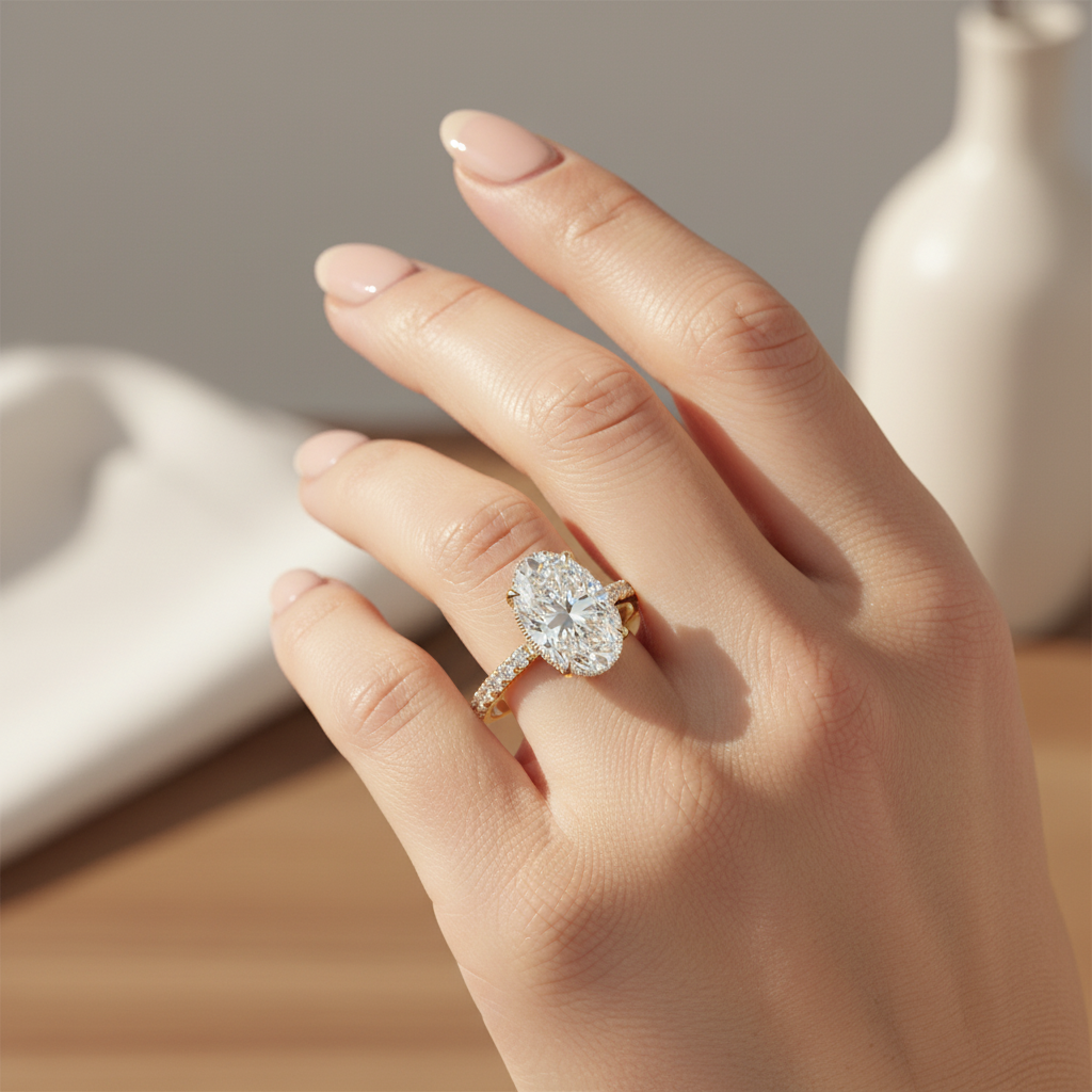3 Carat E VVS Oval Cut Hidden Halo & Pave Lab Grown Diamond Ring