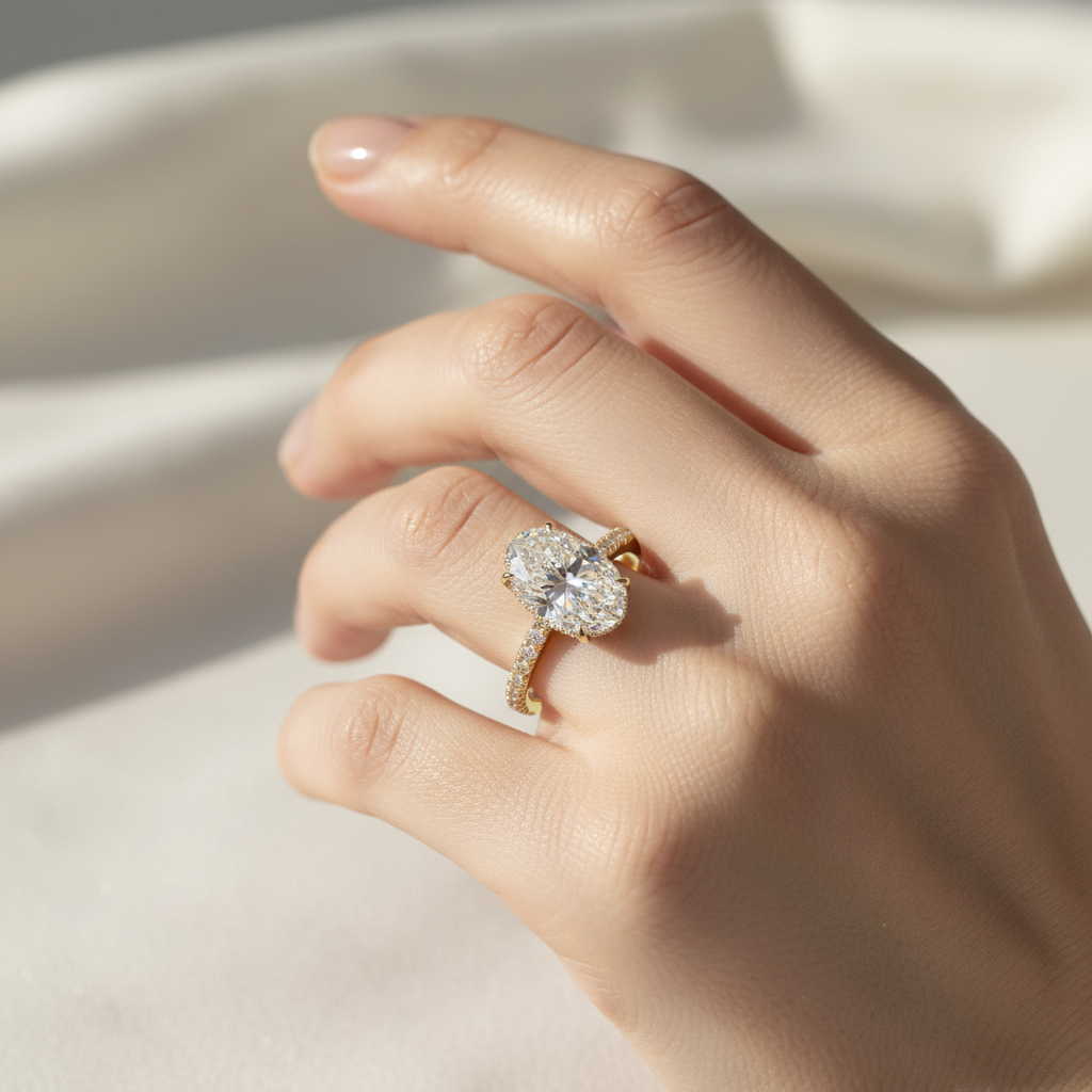 3 Carat E VVS Oval Cut Hidden Halo & Pave Lab Grown Diamond Ring