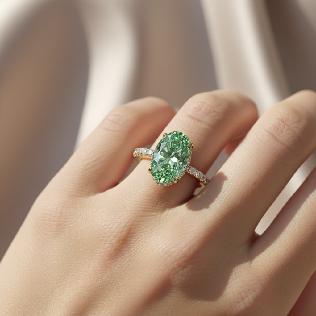 3 Carat Fancy Vivid Green Oval Cut Hidden Halo & Pave Lab Grown Diamond Ring