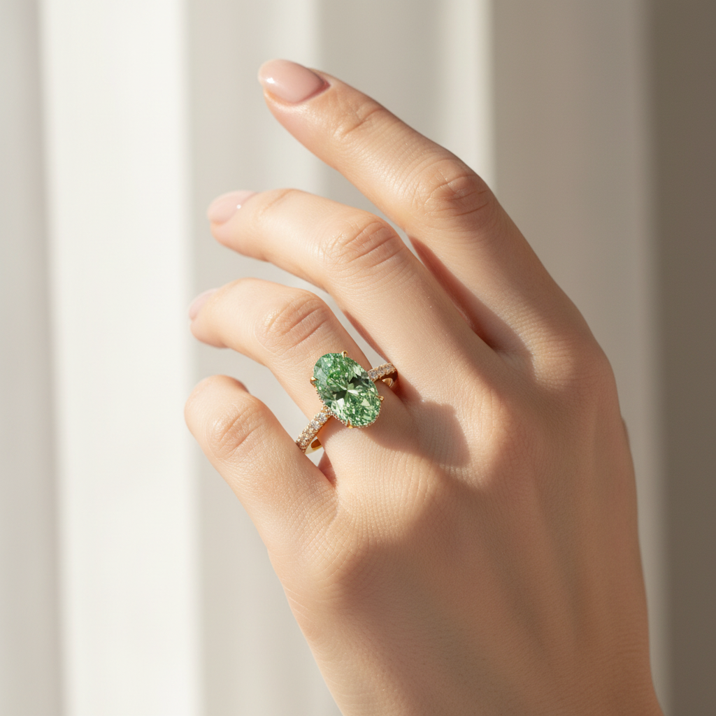 3 Carat Fancy Vivid Green Oval Cut Hidden Halo & Pave Lab Grown Diamond Ring