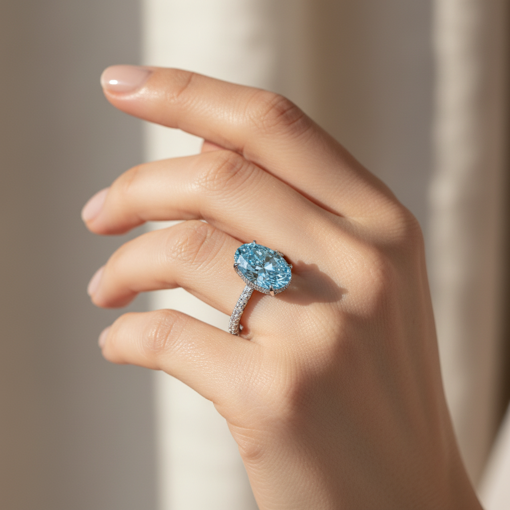 3 Carat Fancy Blue Oval Cut Hidden Halo & Pave Lab Grown Diamond Ring