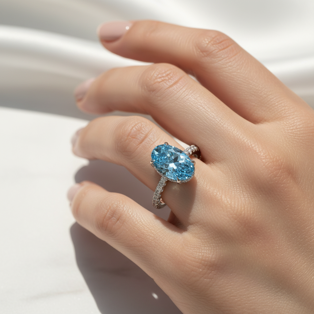 3 Carat Fancy Blue Oval Cut Hidden Halo & Pave Lab Grown Diamond Ring