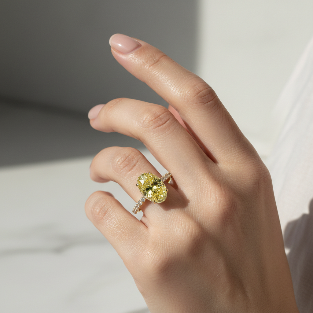 3 Carat Fancy Yellow Oval Cut Hidden Halo & Pave Lab Grown Diamond Ring