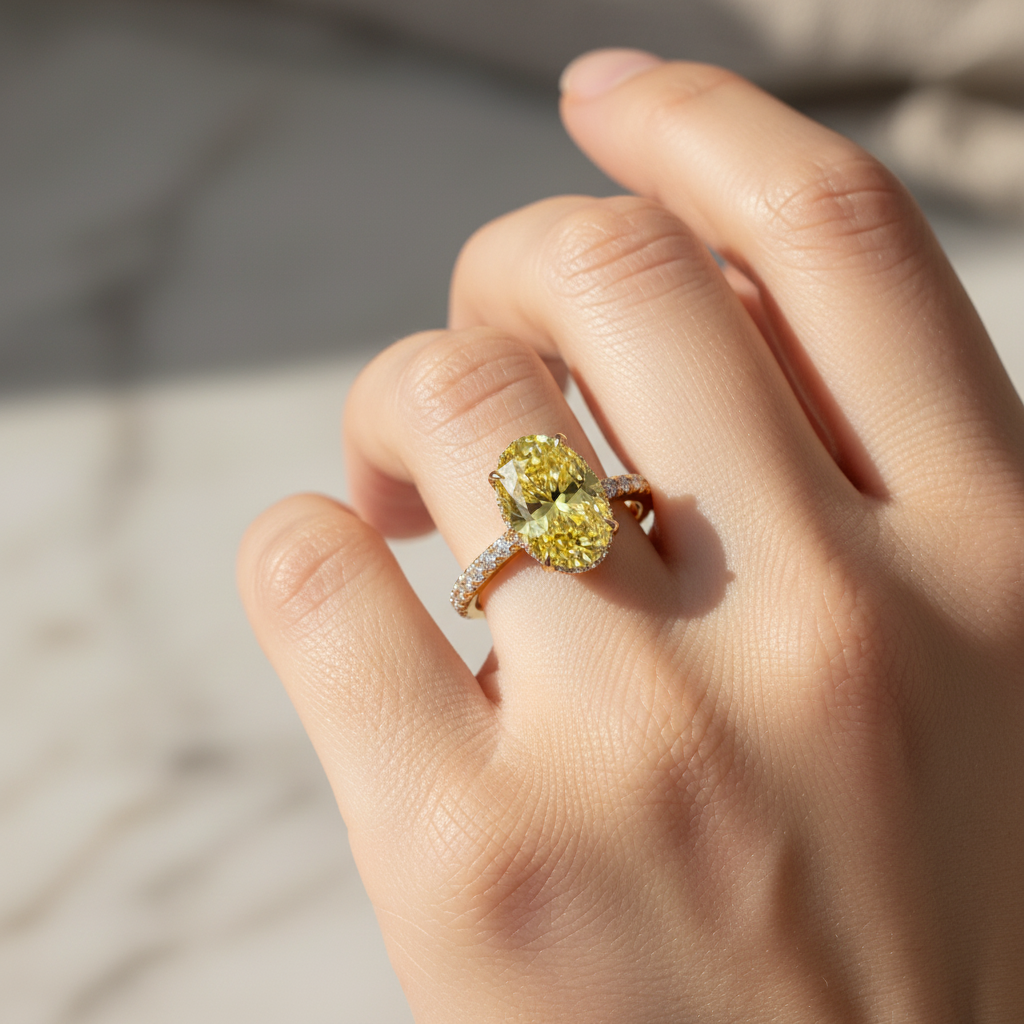3 Carat Fancy Yellow Oval Cut Hidden Halo & Pave Lab Grown Diamond Ring