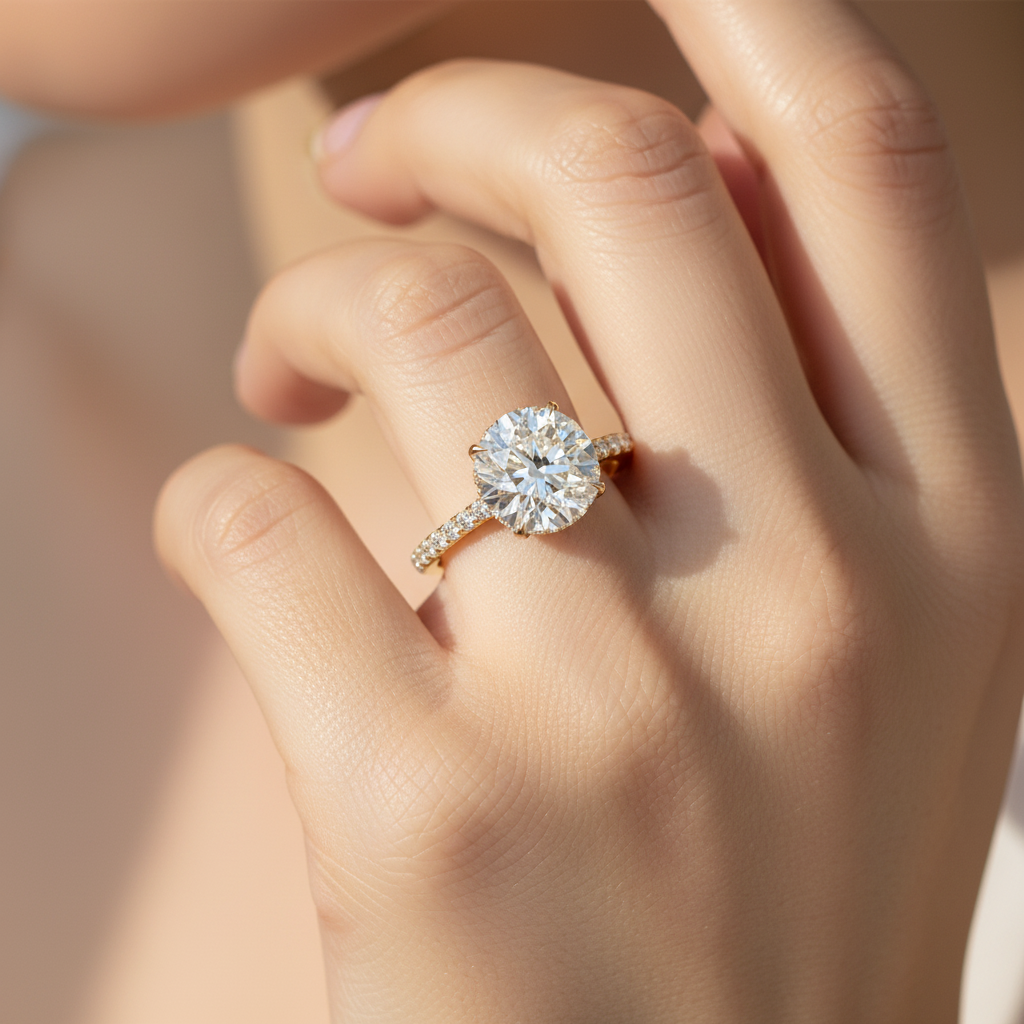 3.5 Carat E VVS Round Cut Lab Grown Diamond Ring - Halo & Pave Setting Wedding Ring