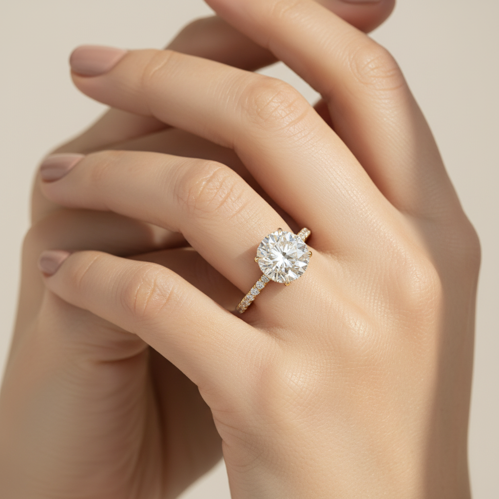3.5 Carat E VVS Round Cut Lab Grown Diamond Ring - Halo & Pave Setting Wedding Ring