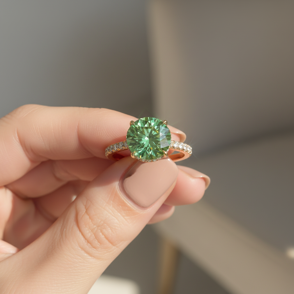 3.5 Carat Fancy Vivid Green Round Cut Lab Grown Diamond Ring - Halo & Pave Setting Wedding Ring