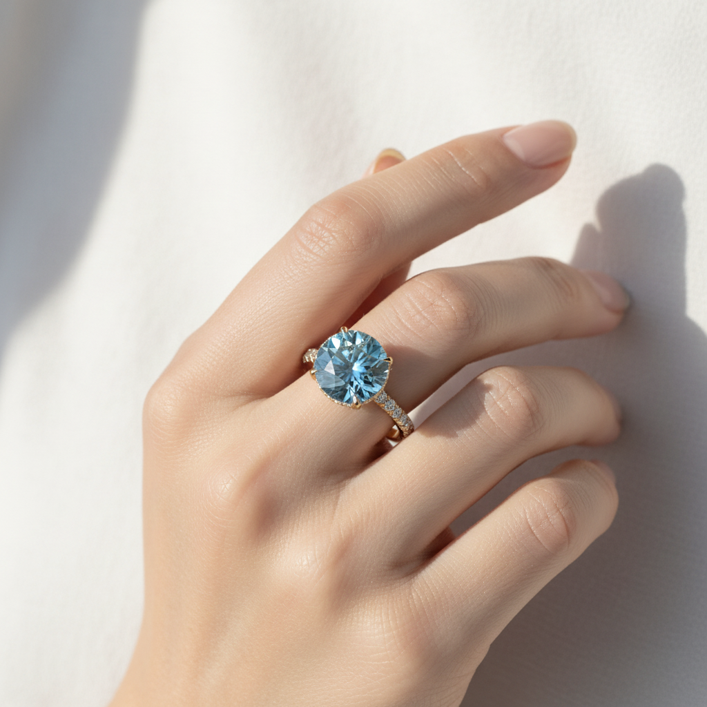 3.5 Carat Fancy Blue Round Cut Lab Grown Diamond Ring - Halo & Pave Setting Wedding Ring