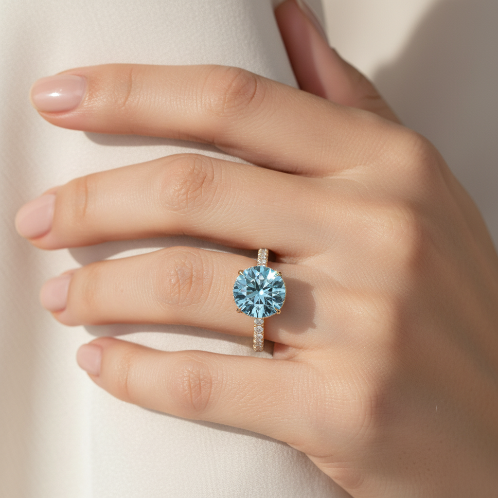 3.5 Carat Fancy Blue Round Cut Lab Grown Diamond Ring - Halo & Pave Setting Wedding Ring