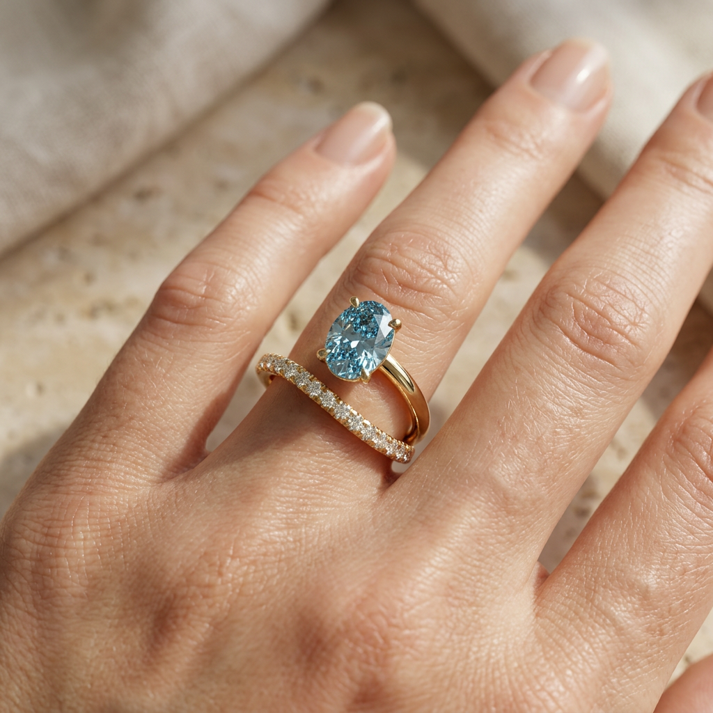 1.5 Carat Blue Oval Cut Lab Diamond Bypass Ring – Pavé Wrap Design