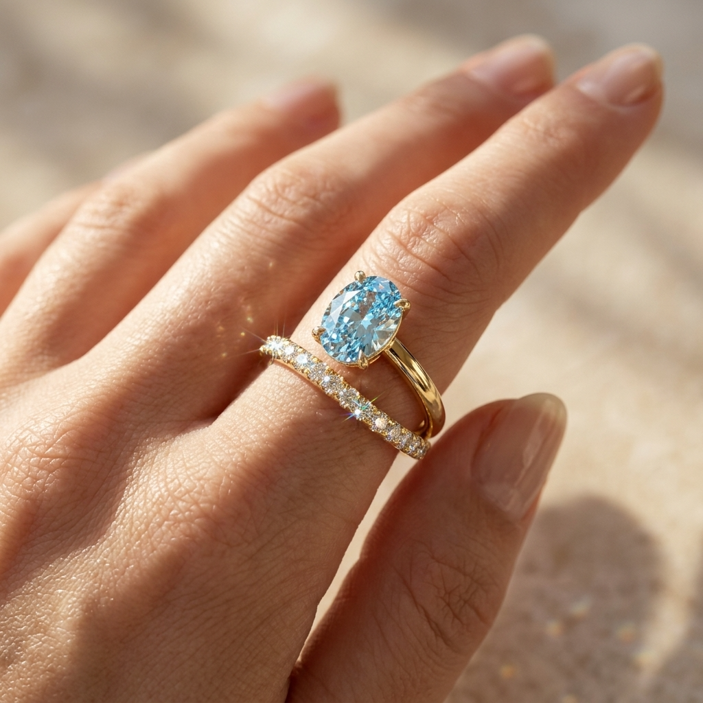 1.5 Carat Blue Oval Cut Lab Diamond Bypass Ring – Pavé Wrap Design