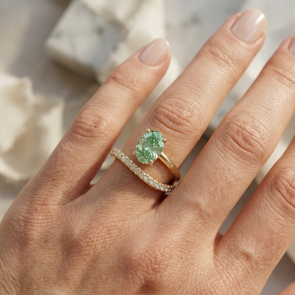 1.5 Carat Green Oval Cut Lab Diamond Bypass Ring – Pavé Wrap Design