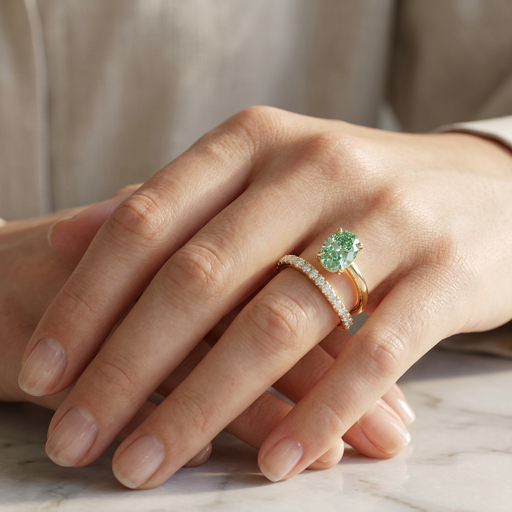 1.5 Carat Green Oval Cut Lab Diamond Bypass Ring – Pavé Wrap Design