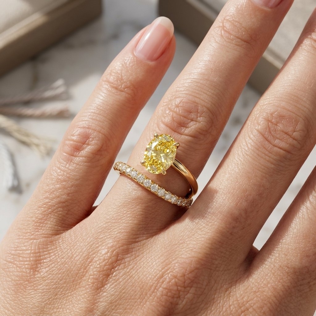 1.5 Carat Yellow Oval Lab Diamond S-Curve Bypass Ring | Pavé Band