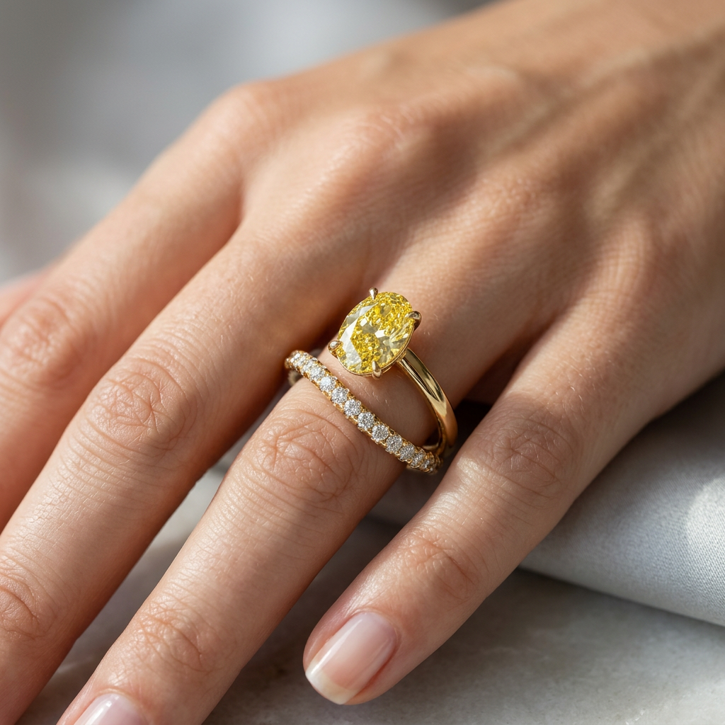1.5 Carat Yellow Oval Lab Diamond S-Curve Bypass Ring | Pavé Band