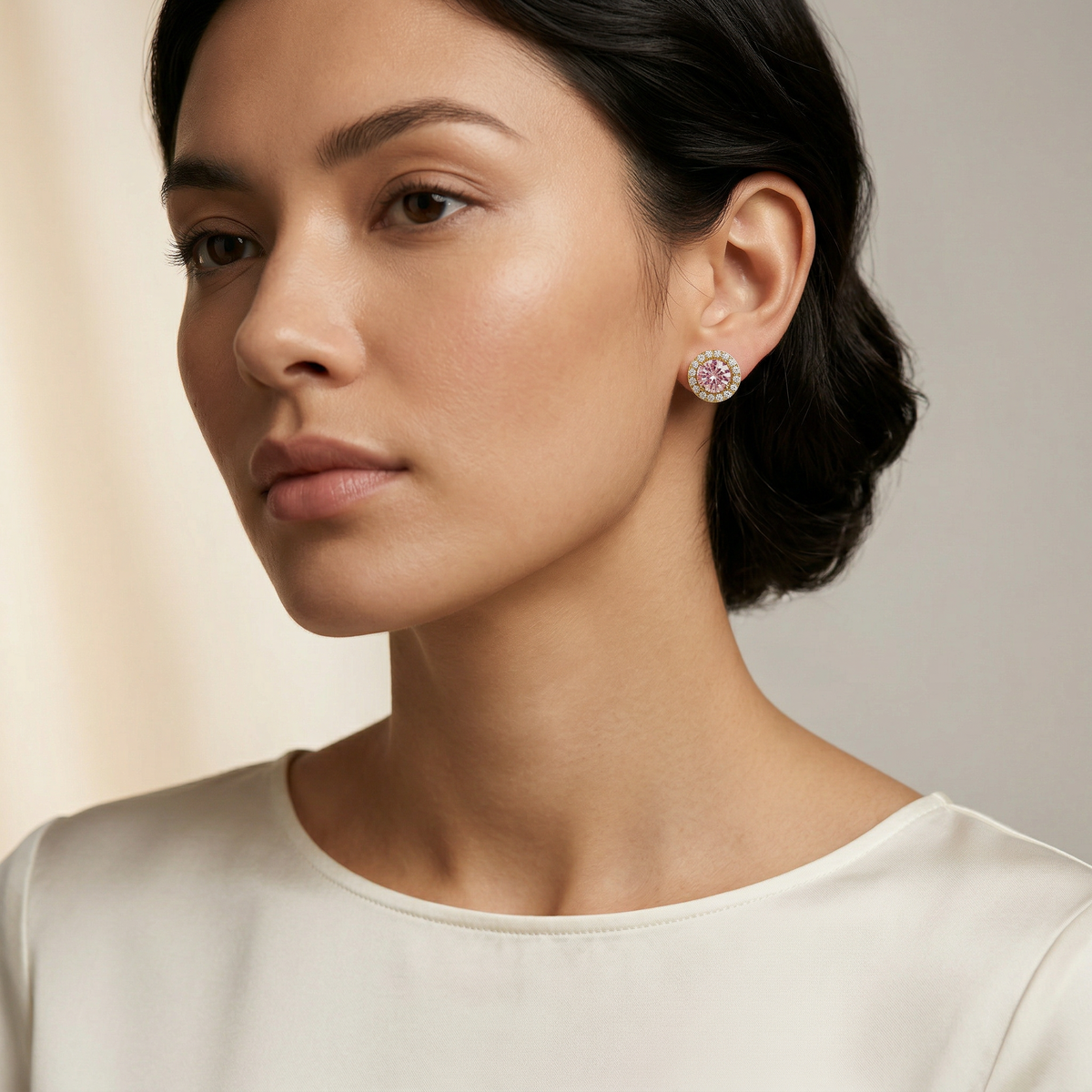 Ciera - Pink Color Round Diamond Stud Earrings | Halo Setting | Certified