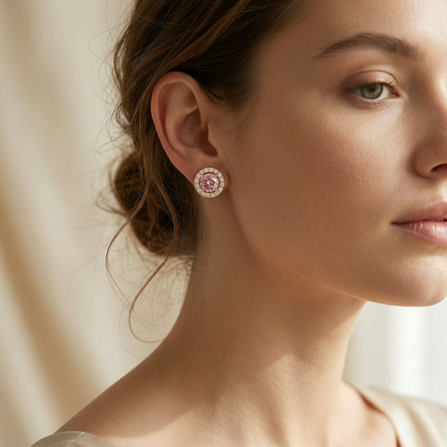 Ciera - Pink Color Round Diamond Stud Earrings | Halo Setting | Certified