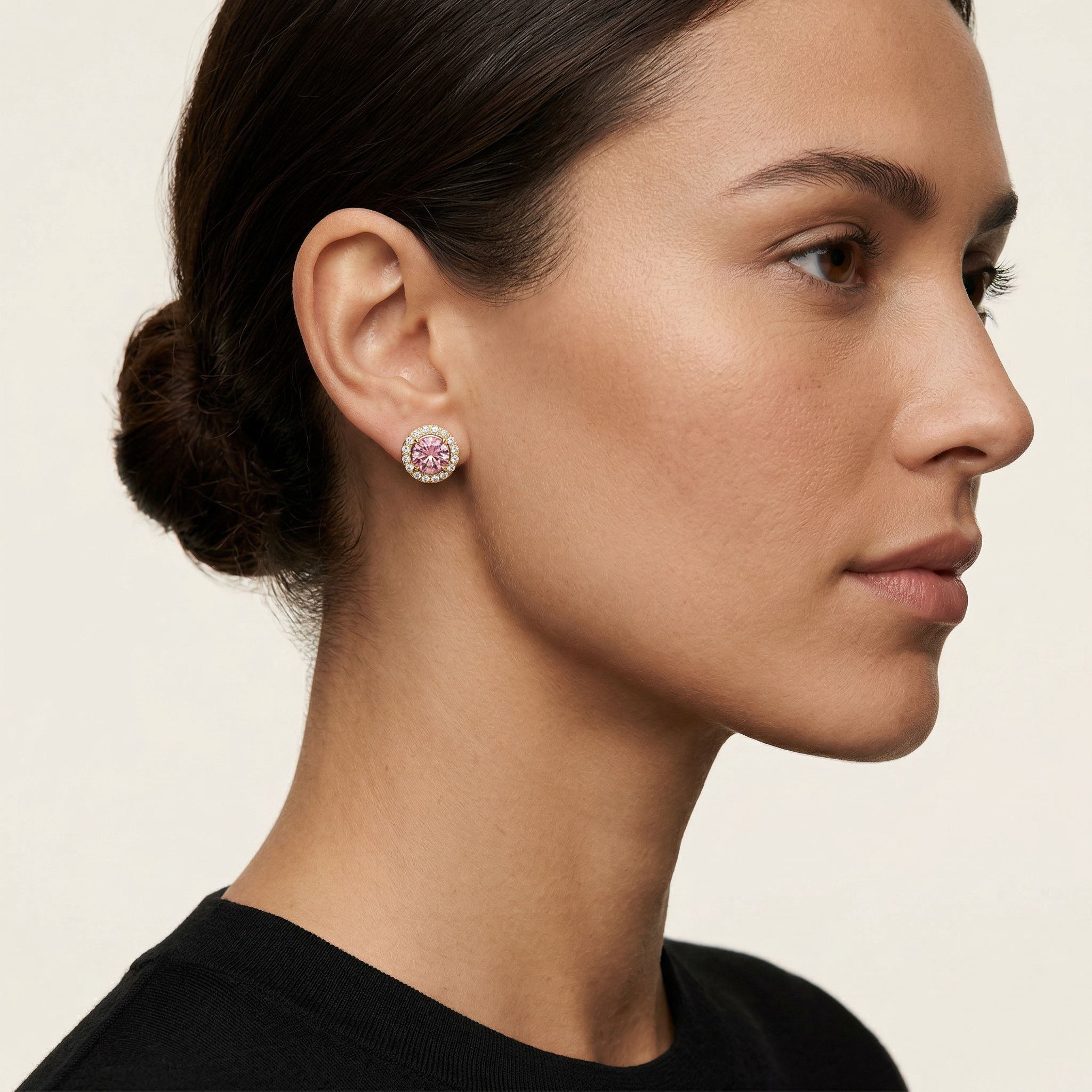 Ciera - Pink Color Round Diamond Stud Earrings | Halo Setting | Certified