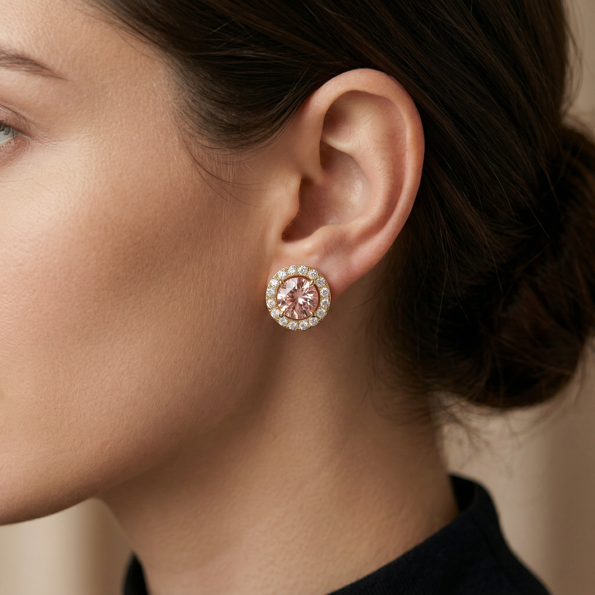 Ciera - Pink Color Round Diamond Stud Earrings | Halo Setting | Certified