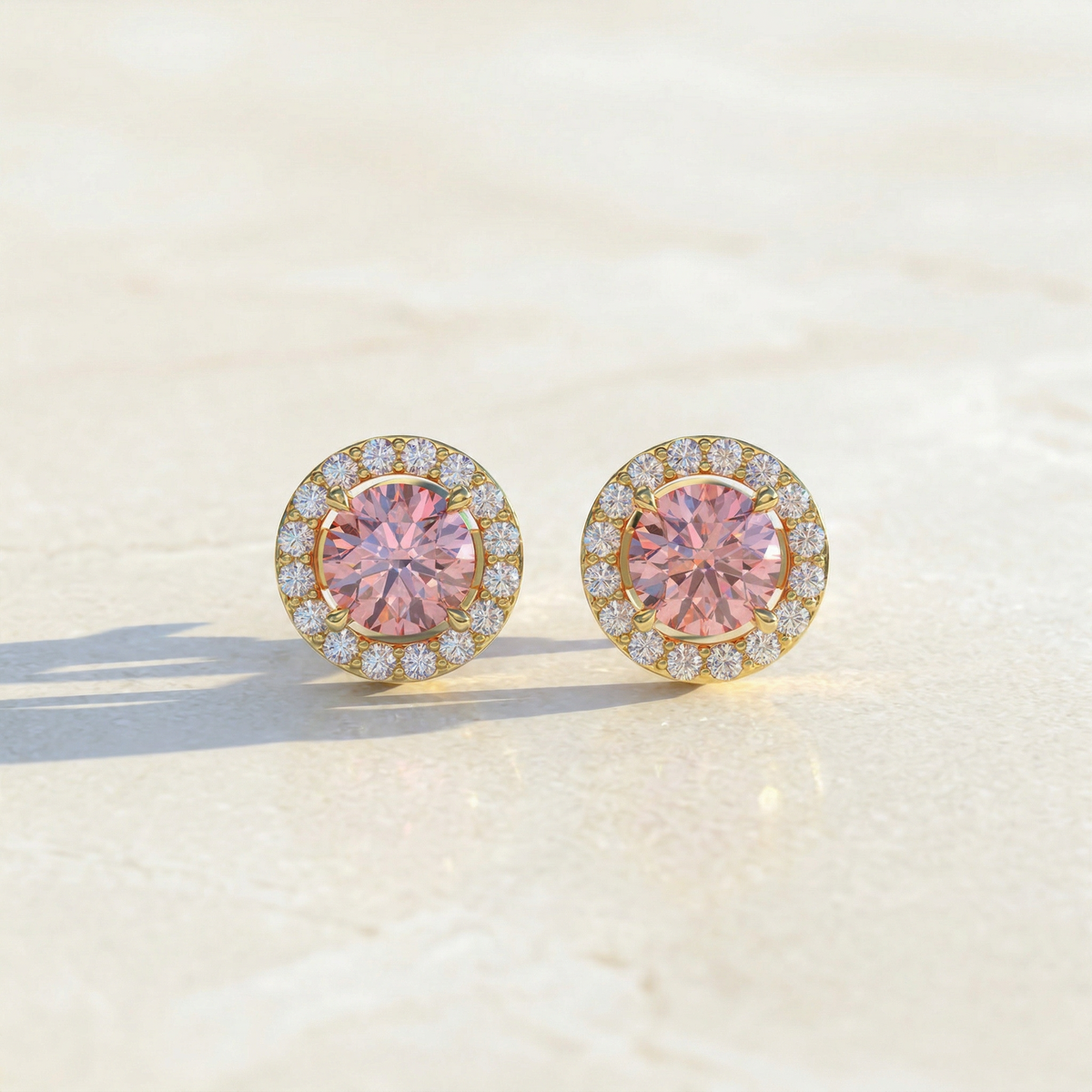 Ciera - Pink Color Round Diamond Stud Earrings | Halo Setting | Certified