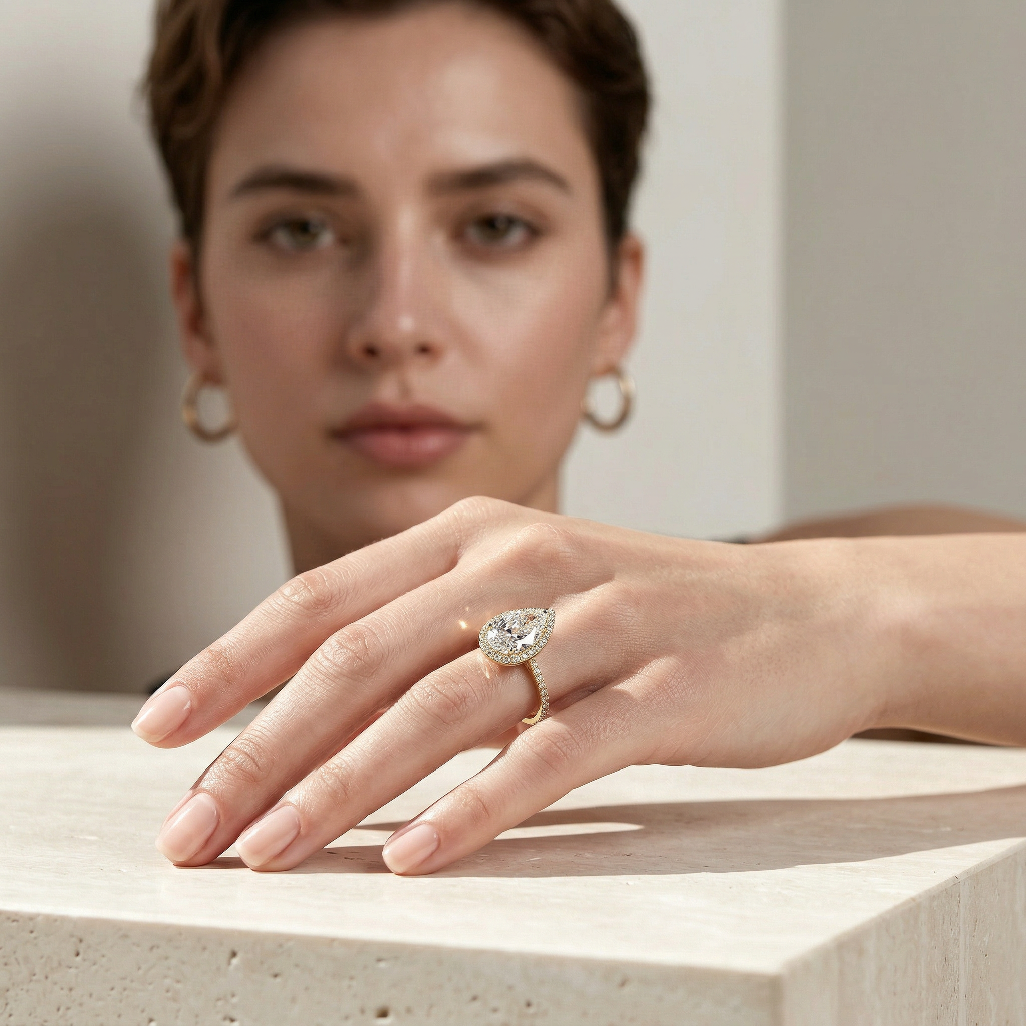 3ct E/VVS Pear Cut Halo & Pave Lab Grown Diamond Engagement Ring - Madona