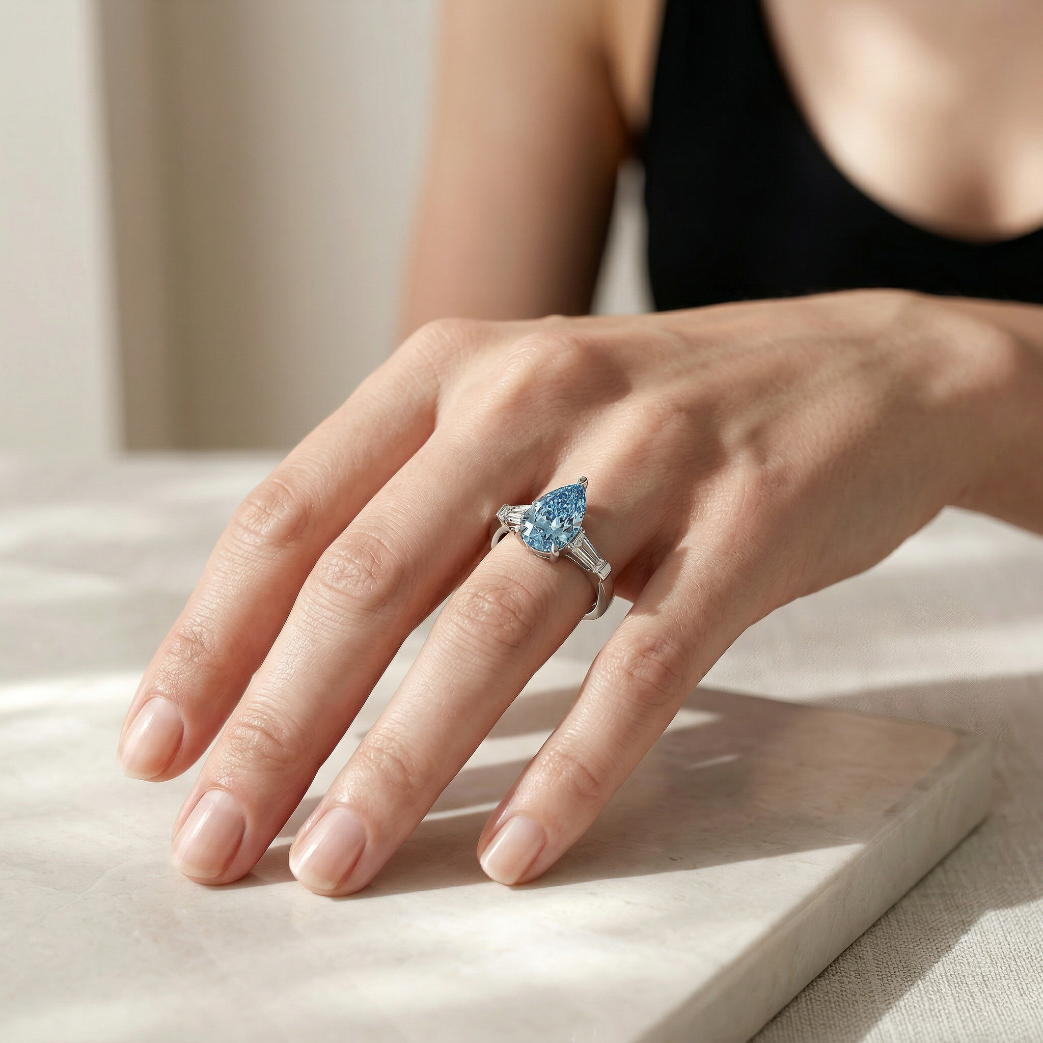 3.40ct Fancy Blue Pear & Tapered Baguette Three Stone Lab Diamond Ring - Bella