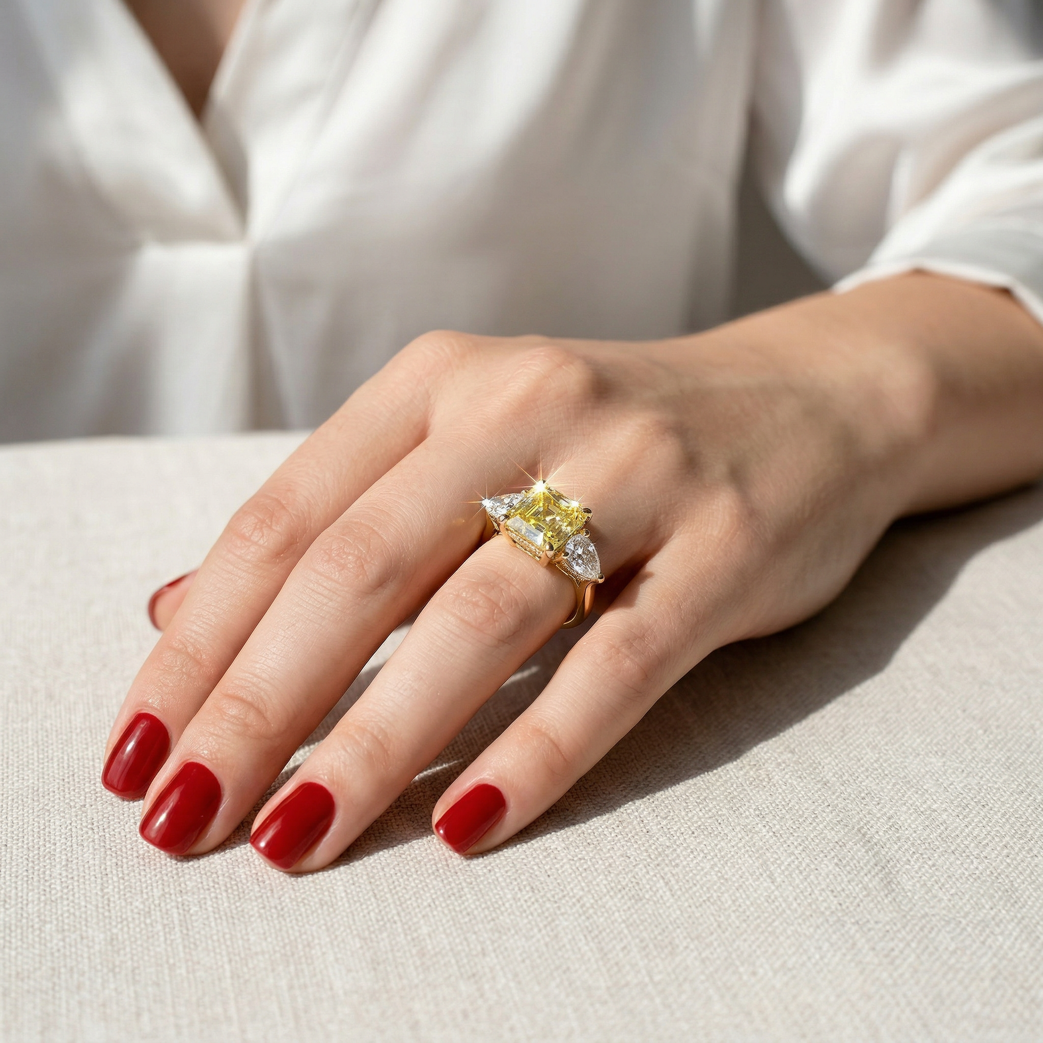 4 Carat Canary Yellow Asscher Cut Three Stone Lab Grown Diamond Engagement Ring