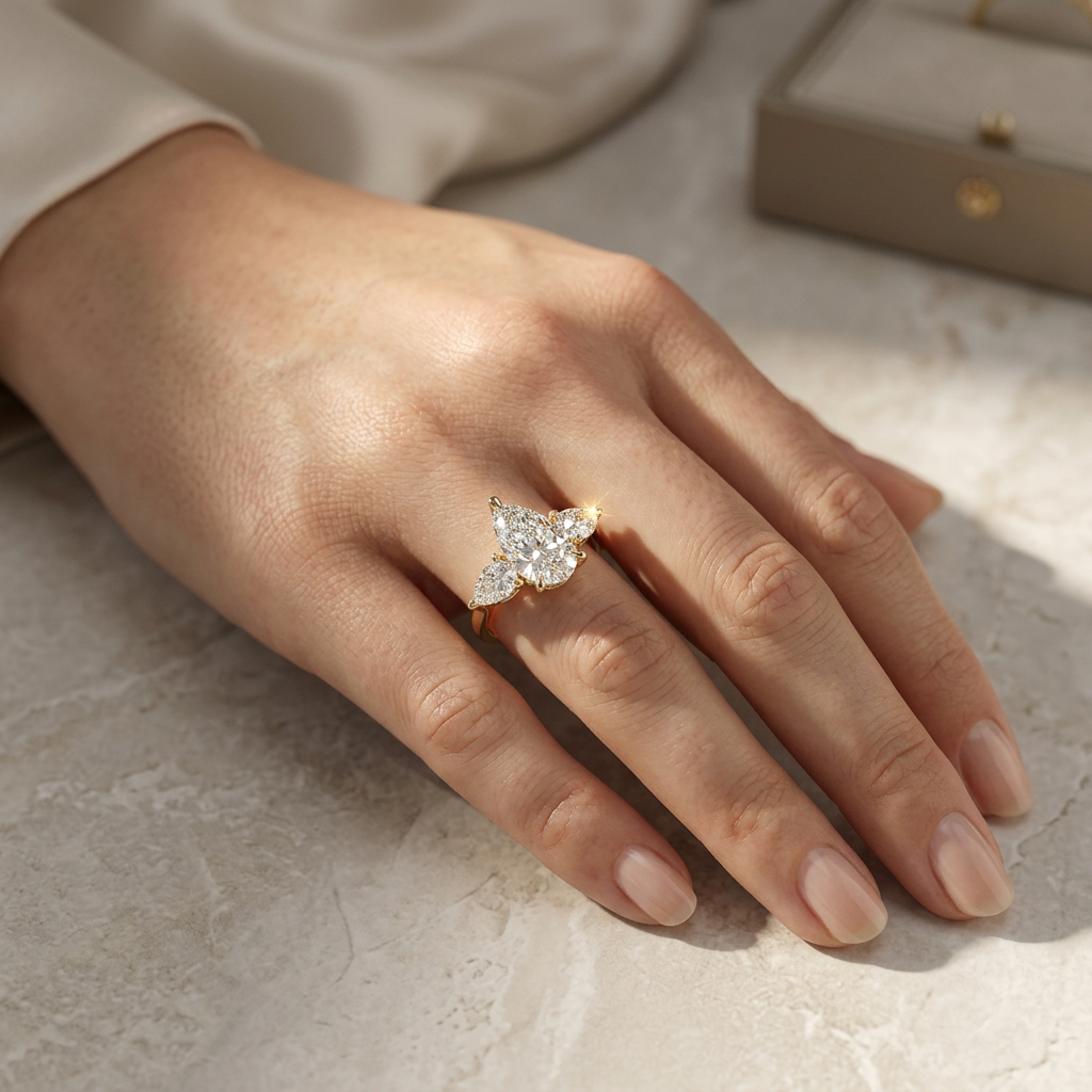 4 Carat E/VVS Pear Cut Three Stone Lab Grown Diamond Engagement Ring