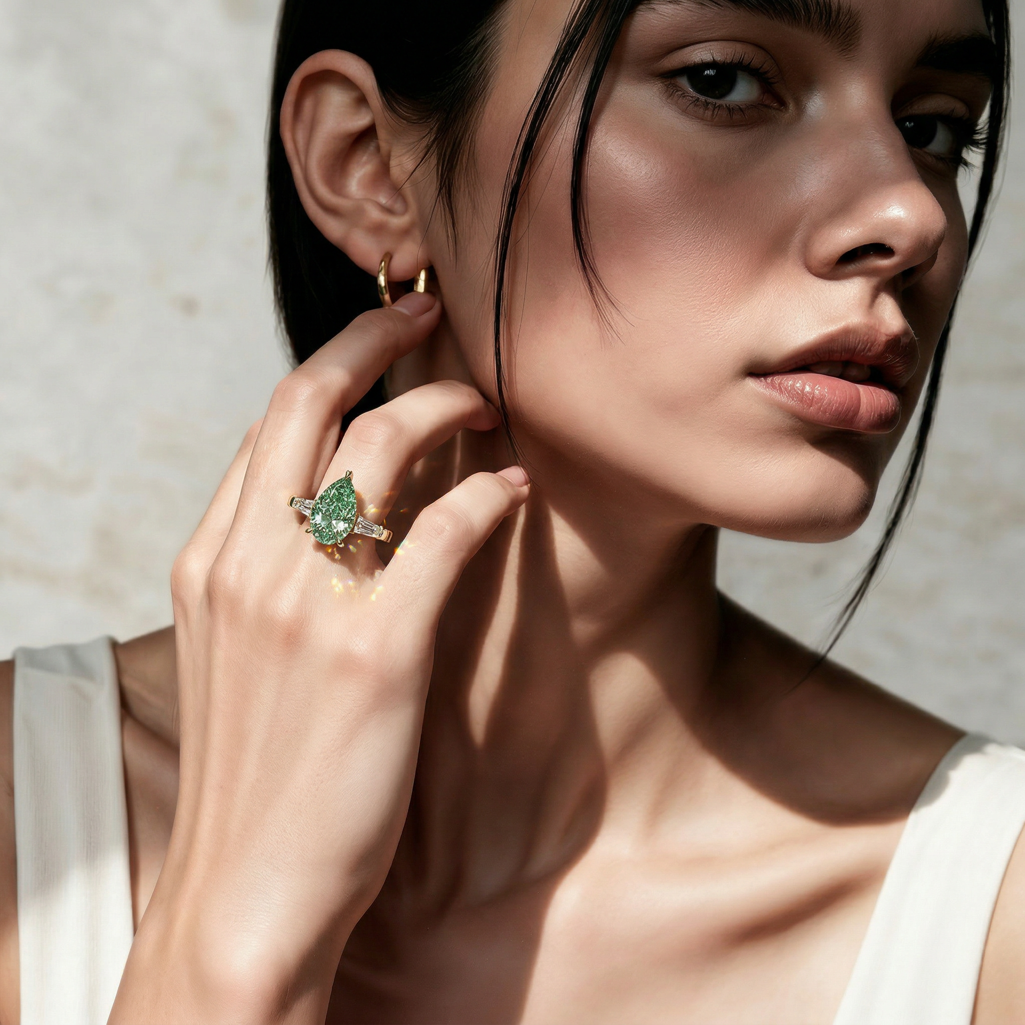 3.40ct Vivid Green Pear & Tapered Baguette Three Stone Lab Diamond Ring - Bella