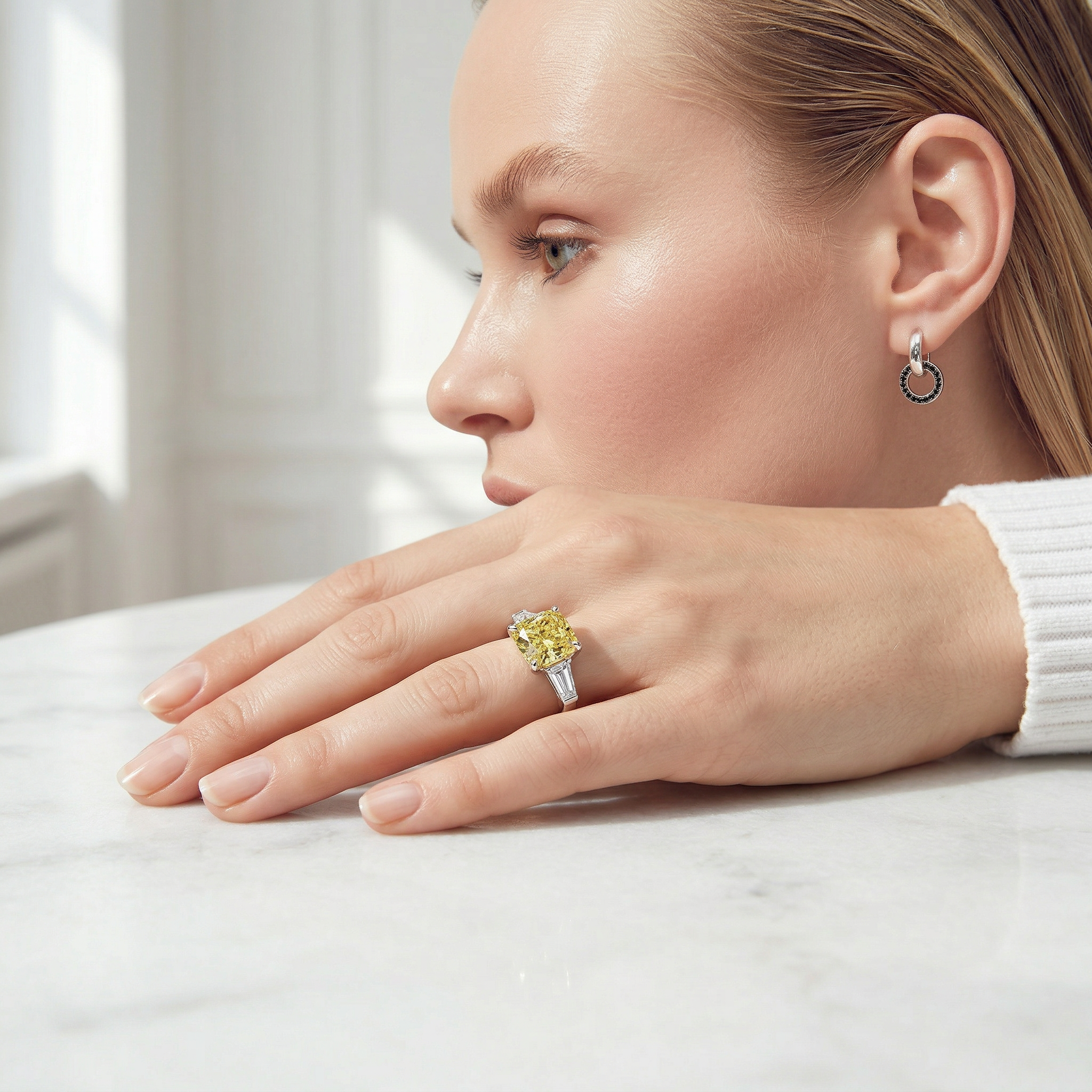 3.75 Carat Fancy Canary Yellow Cushion & Tapered Baguette Lab Grown Diamond Three Stone Engagement Ring
