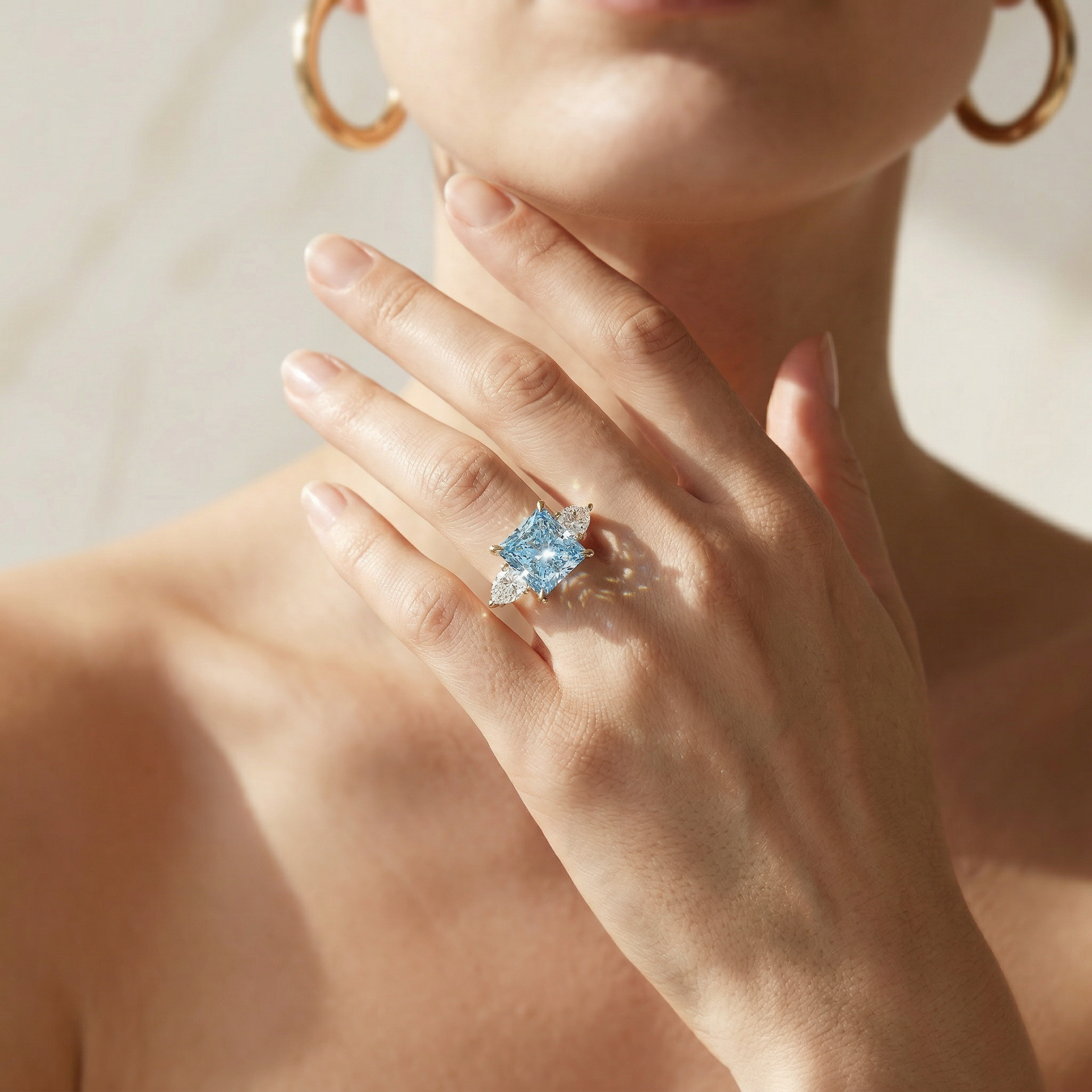 4 Carat Fancy Blue Princess Cut Three Stone Lab Grown Diamond Engagement Ring
