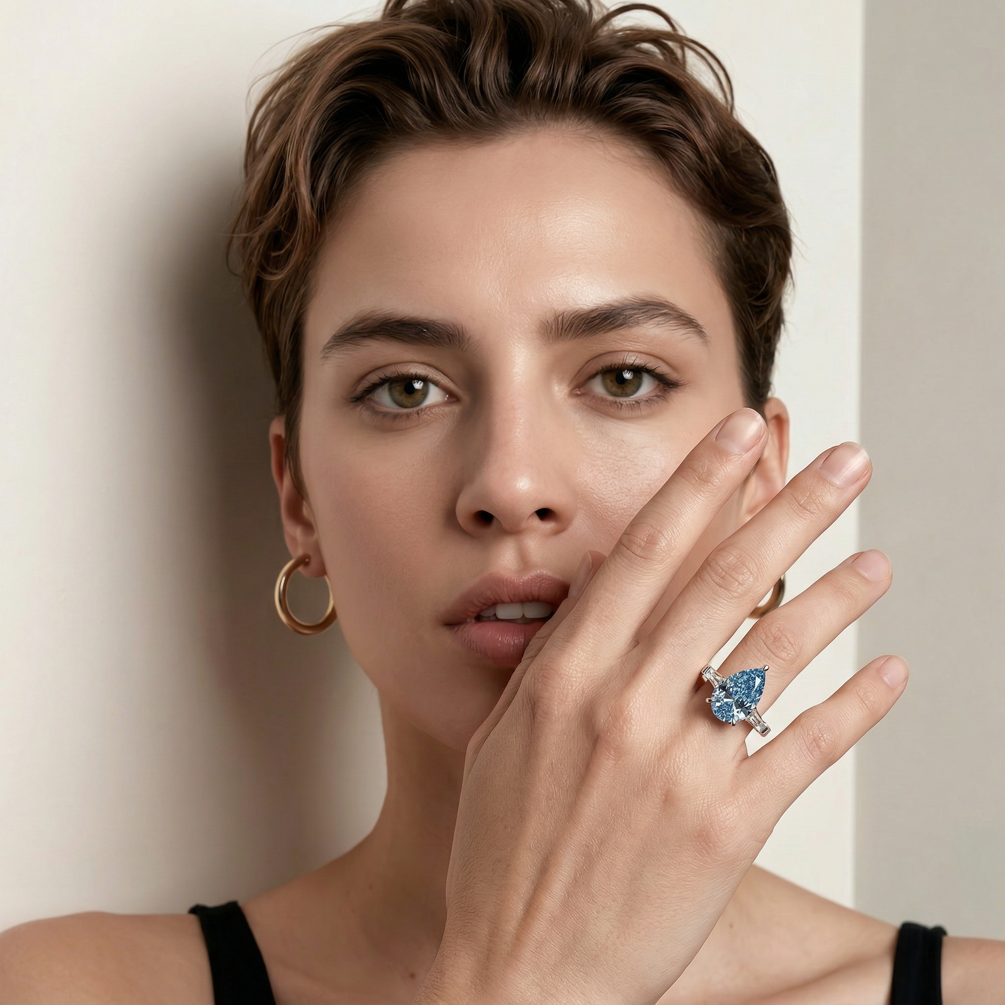 3.40ct Fancy Blue Pear & Tapered Baguette Three Stone Lab Diamond Ring - Bella