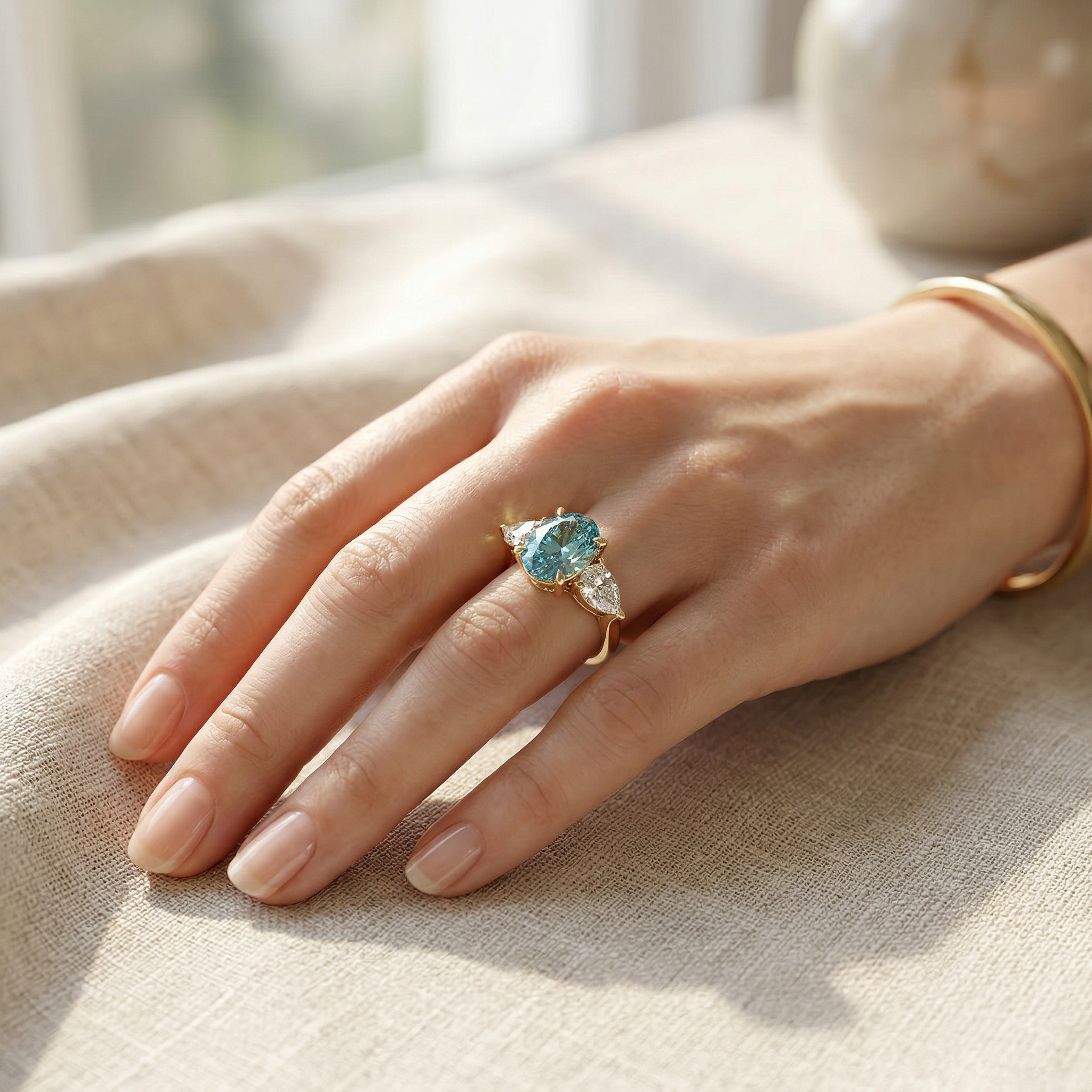 3 Carat Blue Oval Lab Grown Diamond Engagement Ring – Three Stone Pear Cut Setting