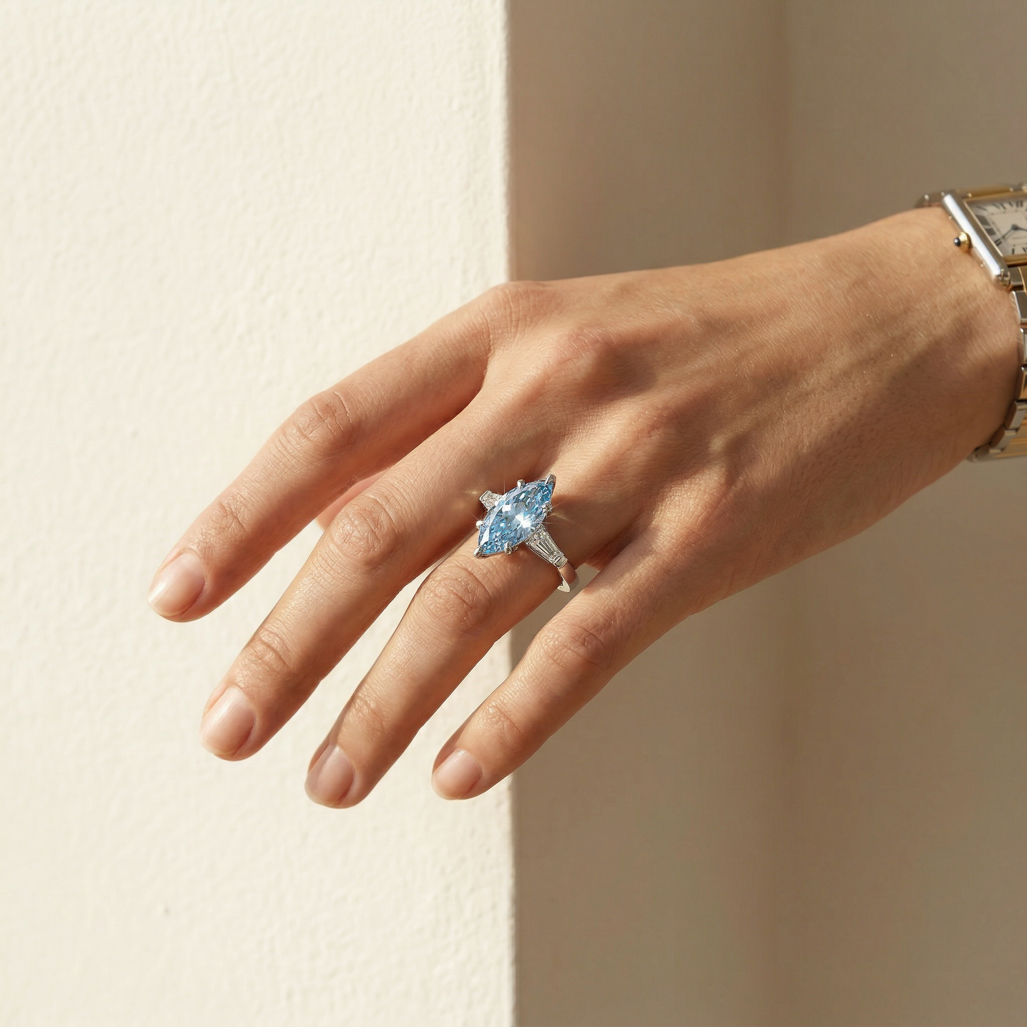 3.75 Carat Fancy Blue Marquise & Tapered Baguette Lab Grown Diamond Three Stone Engagement Ring