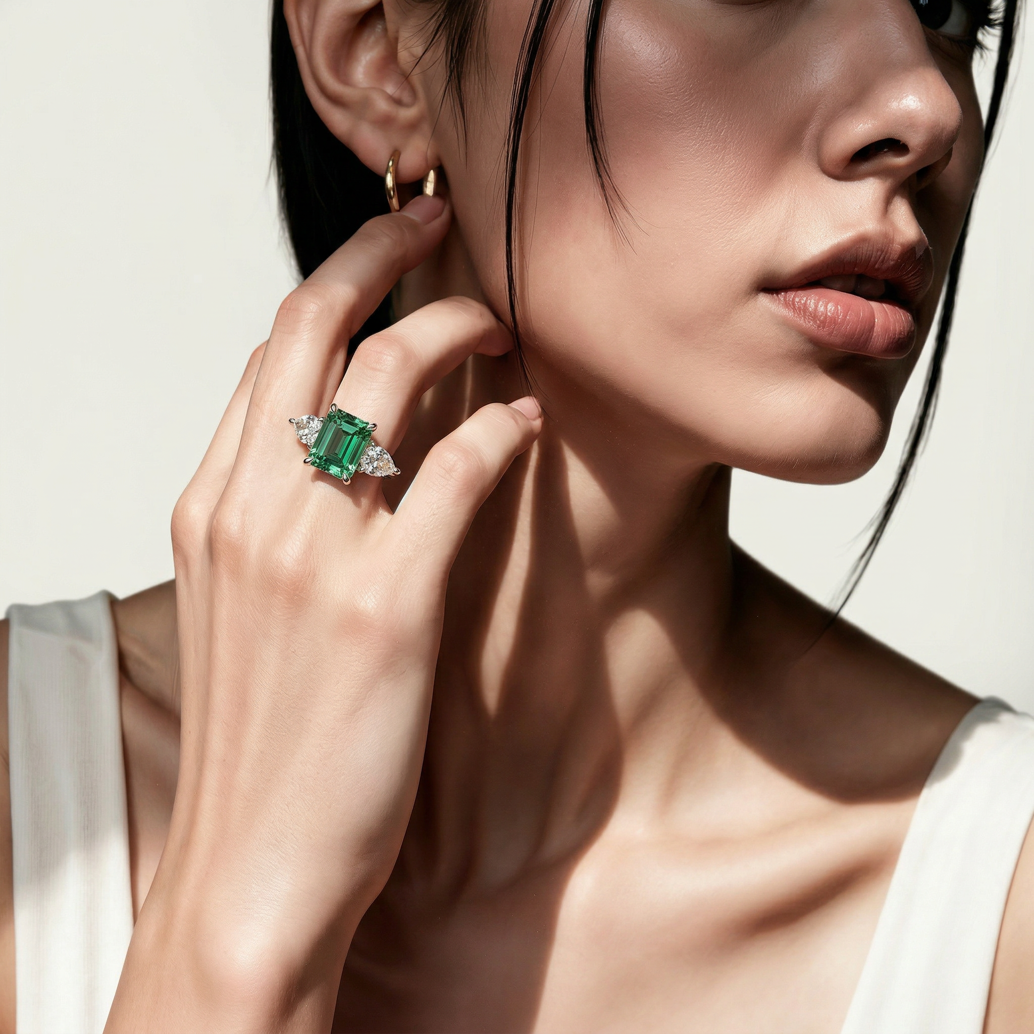 4 Carat Fancy Green Emerald & Pear Cut Three Stone Lab Grown Diamond Engagement Ring