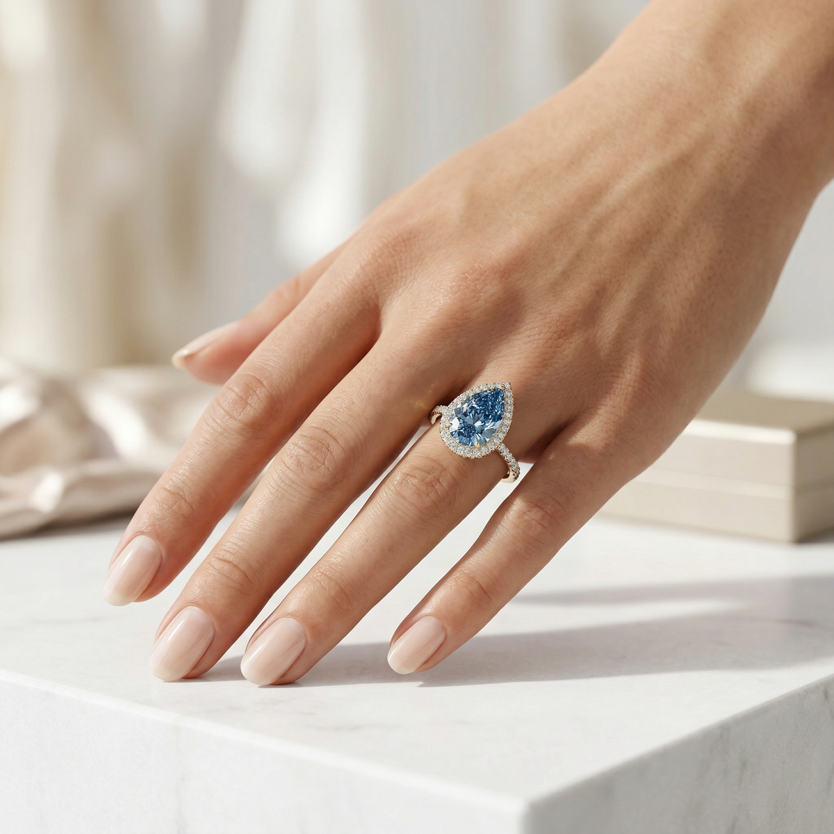 3ct Fancy Blue Pear Cut Halo & Pave Lab Grown Diamond Engagement Ring - Madona