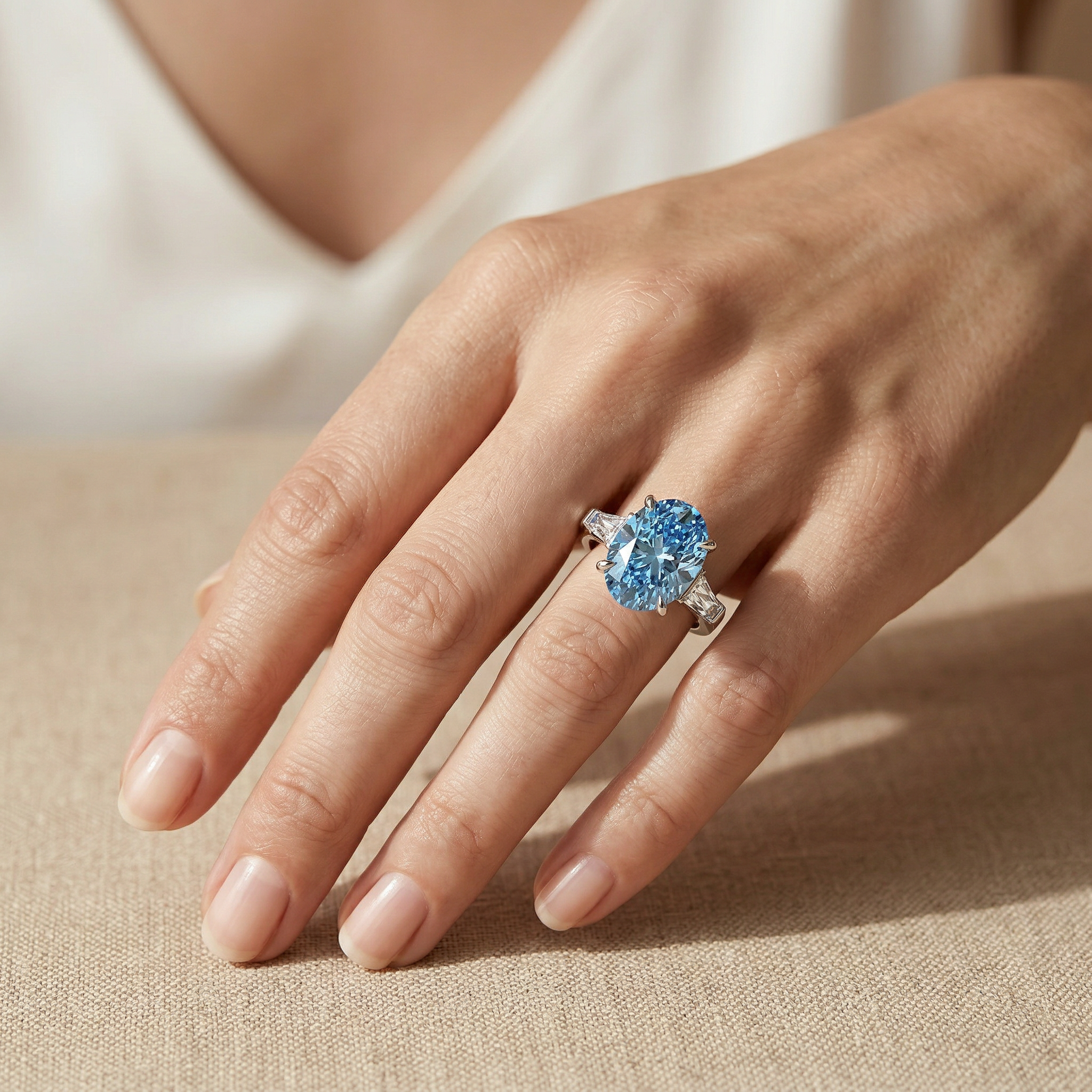 3.75 Carat Fancy Blue Oval & Tapered Baguette Lab Grown Diamond Three Stone Engagement Ring