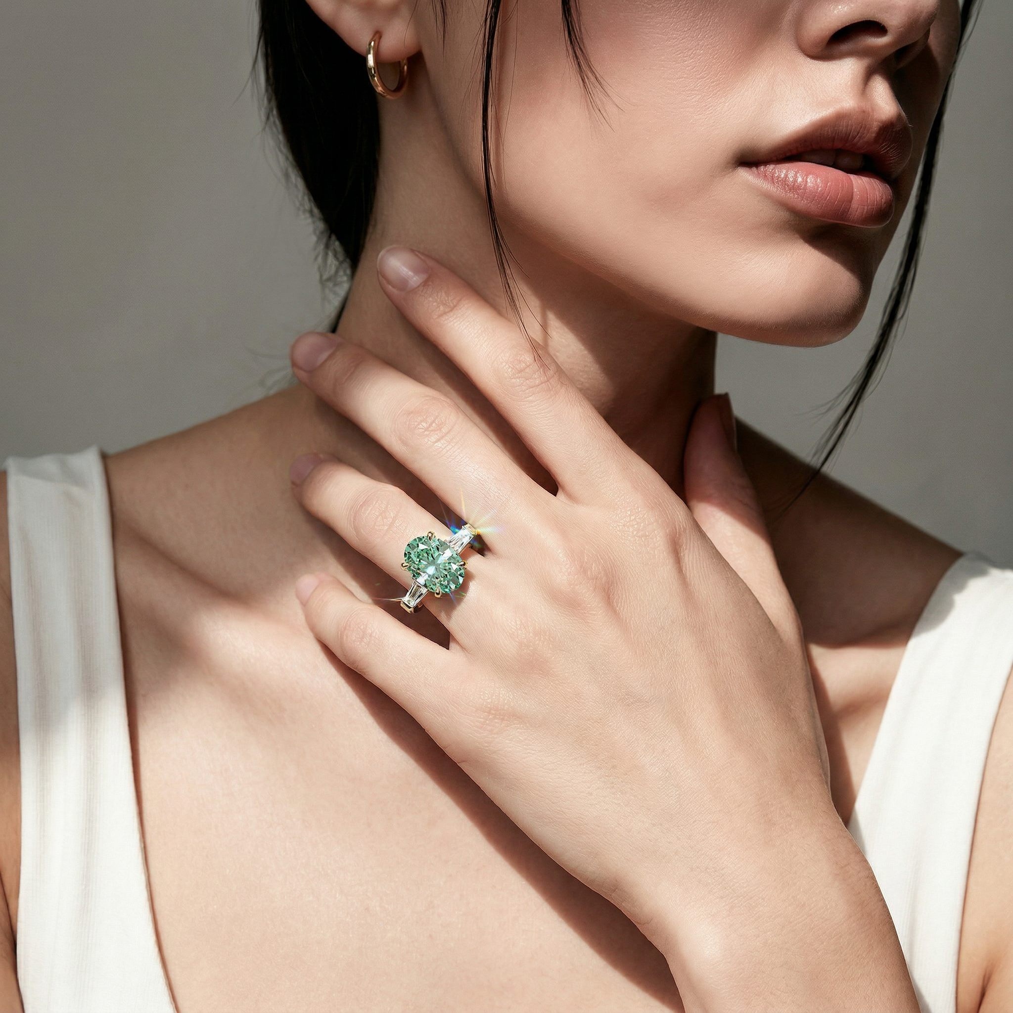 3.75 Carat Fancy Green Oval & Tapered Baguette Lab Grown Diamond Three Stone Engagement Ring