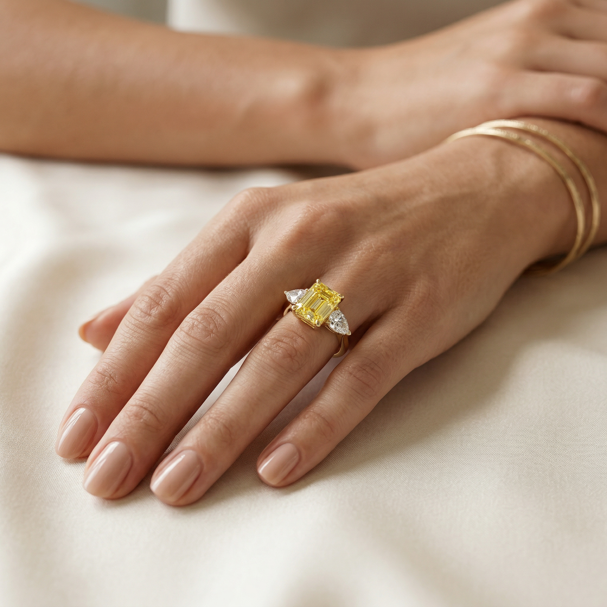 4 Carat Canary Yellow Emerald & Pear Cut Three Stone Lab Grown Diamond Engagement Ring