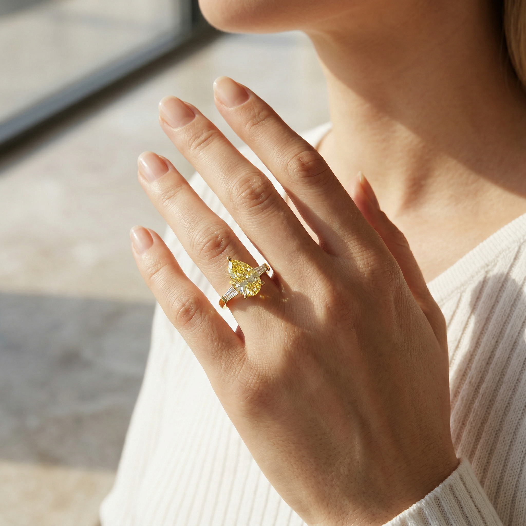 3.40ct Canary Yellow Pear & Tapered Baguette Three Stone Lab Diamond Ring - Bella