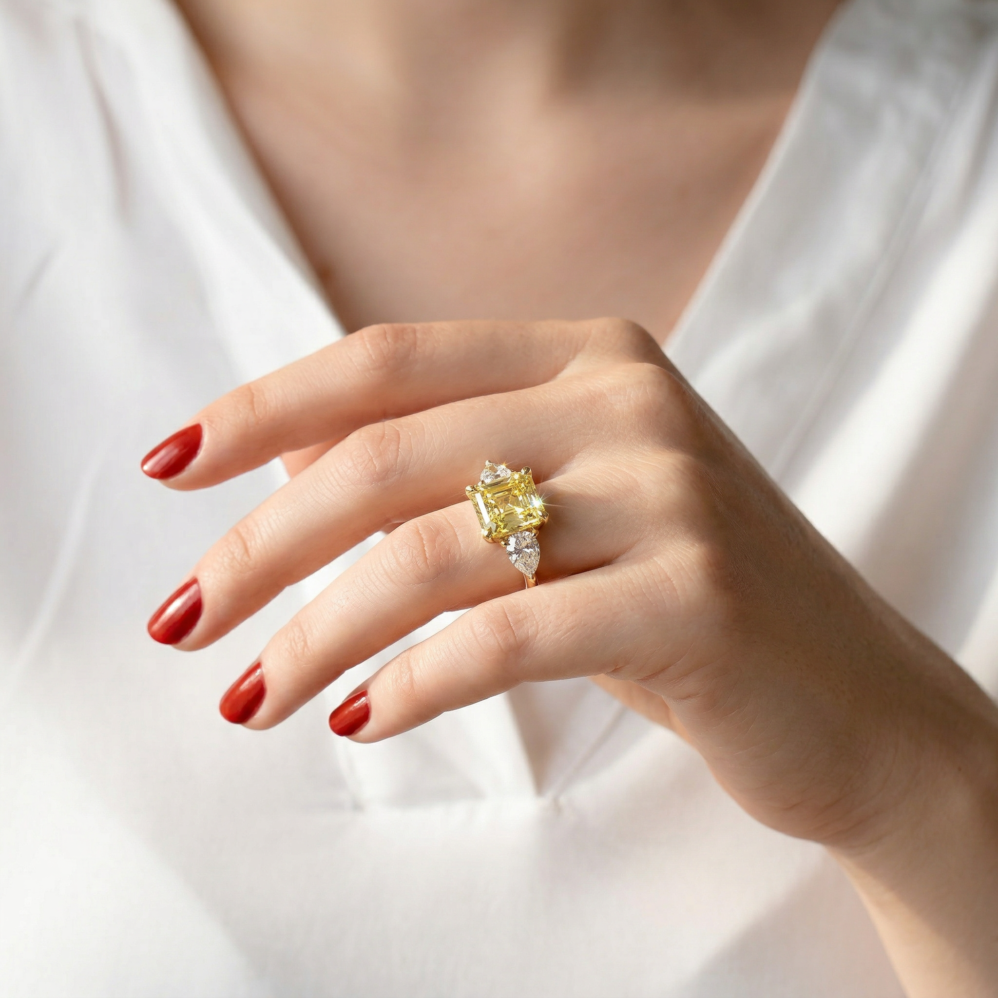 4 Carat Canary Yellow Asscher Cut Three Stone Lab Grown Diamond Engagement Ring