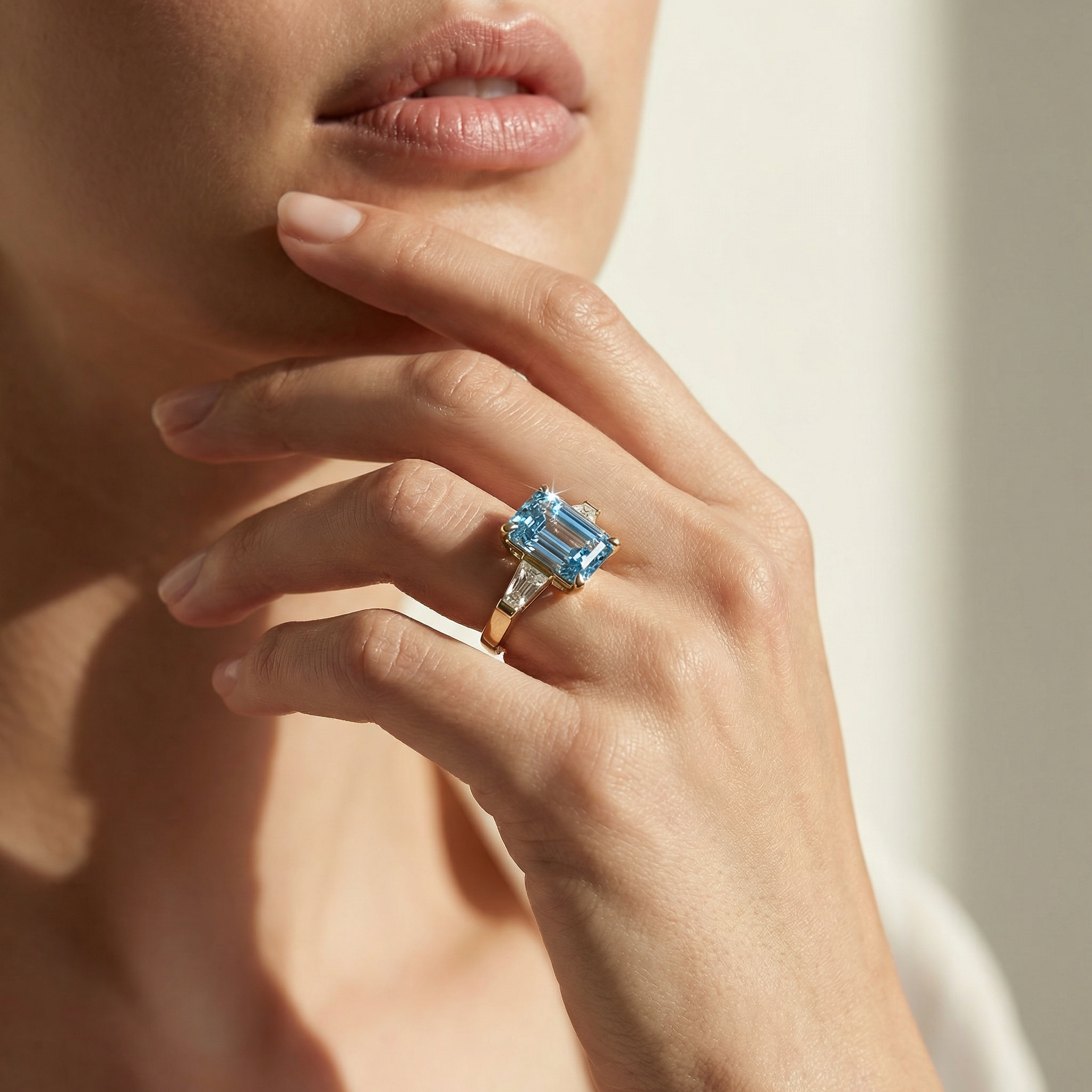 3.75ct Fancy Blue Emerald & Tapered Baguette Three Stone Lab Diamond Ring