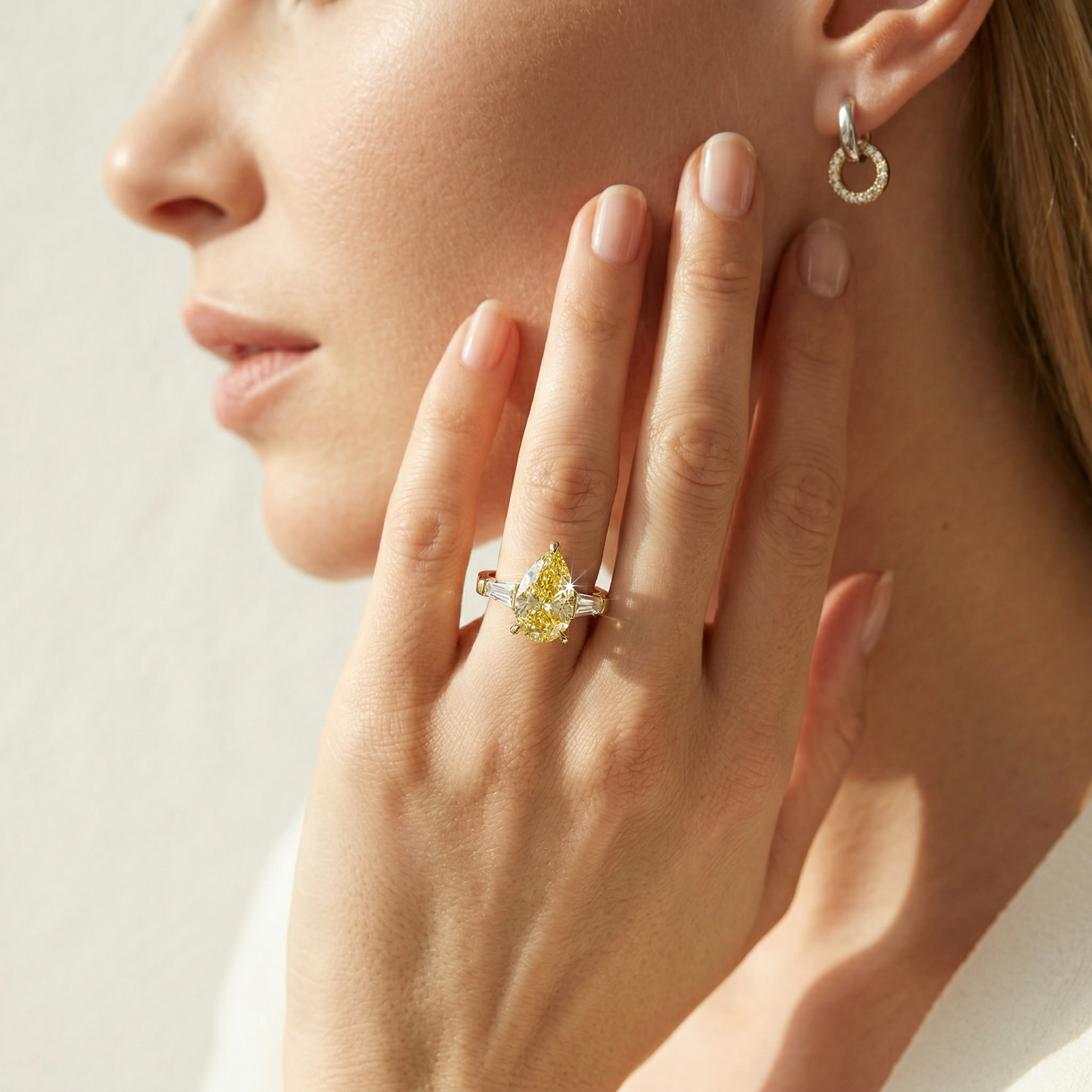 3.40ct Canary Yellow Pear & Tapered Baguette Three Stone Lab Diamond Ring - Bella