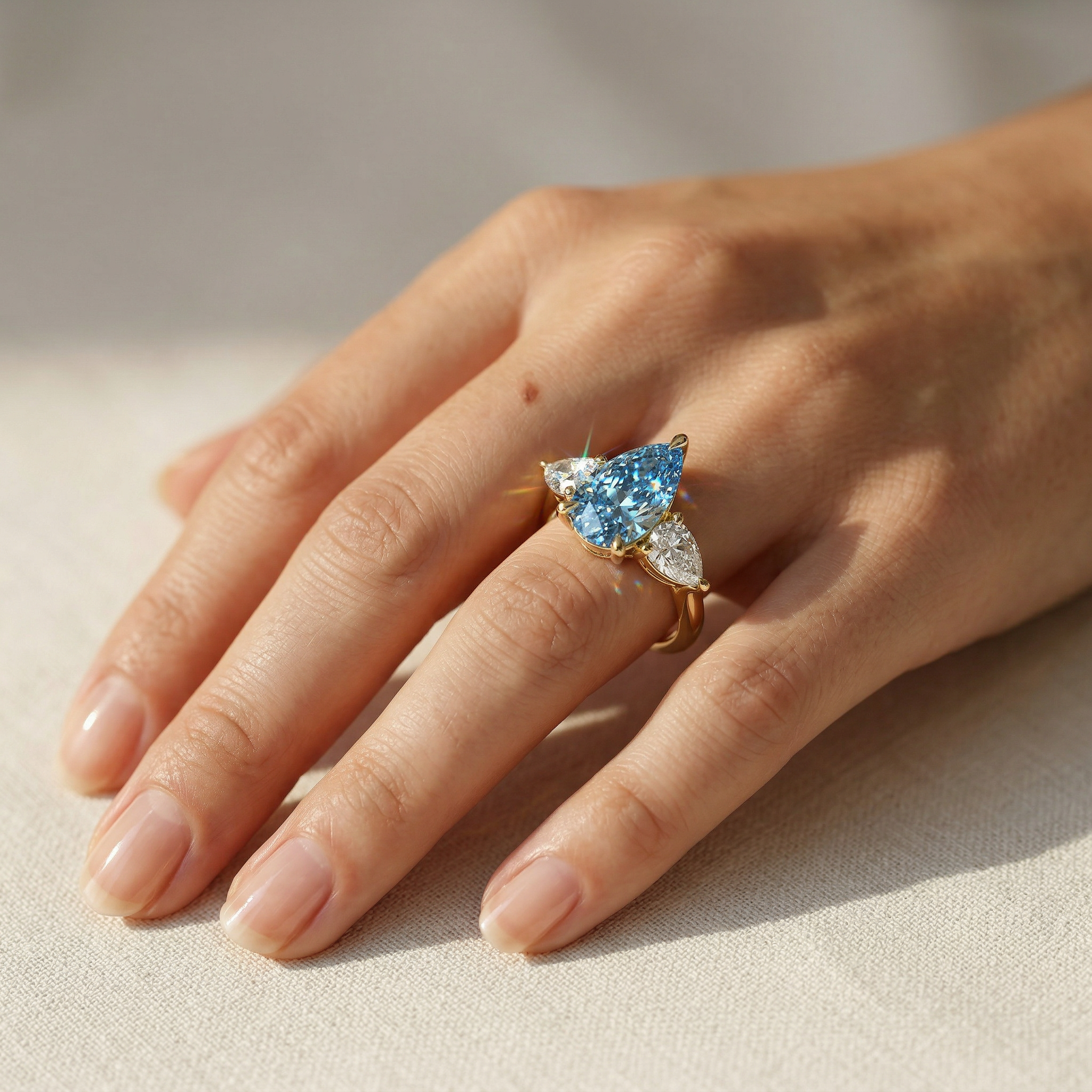 4 Carat Fancy Blue Pear Cut Three Stone Lab Grown Diamond Engagement Ring