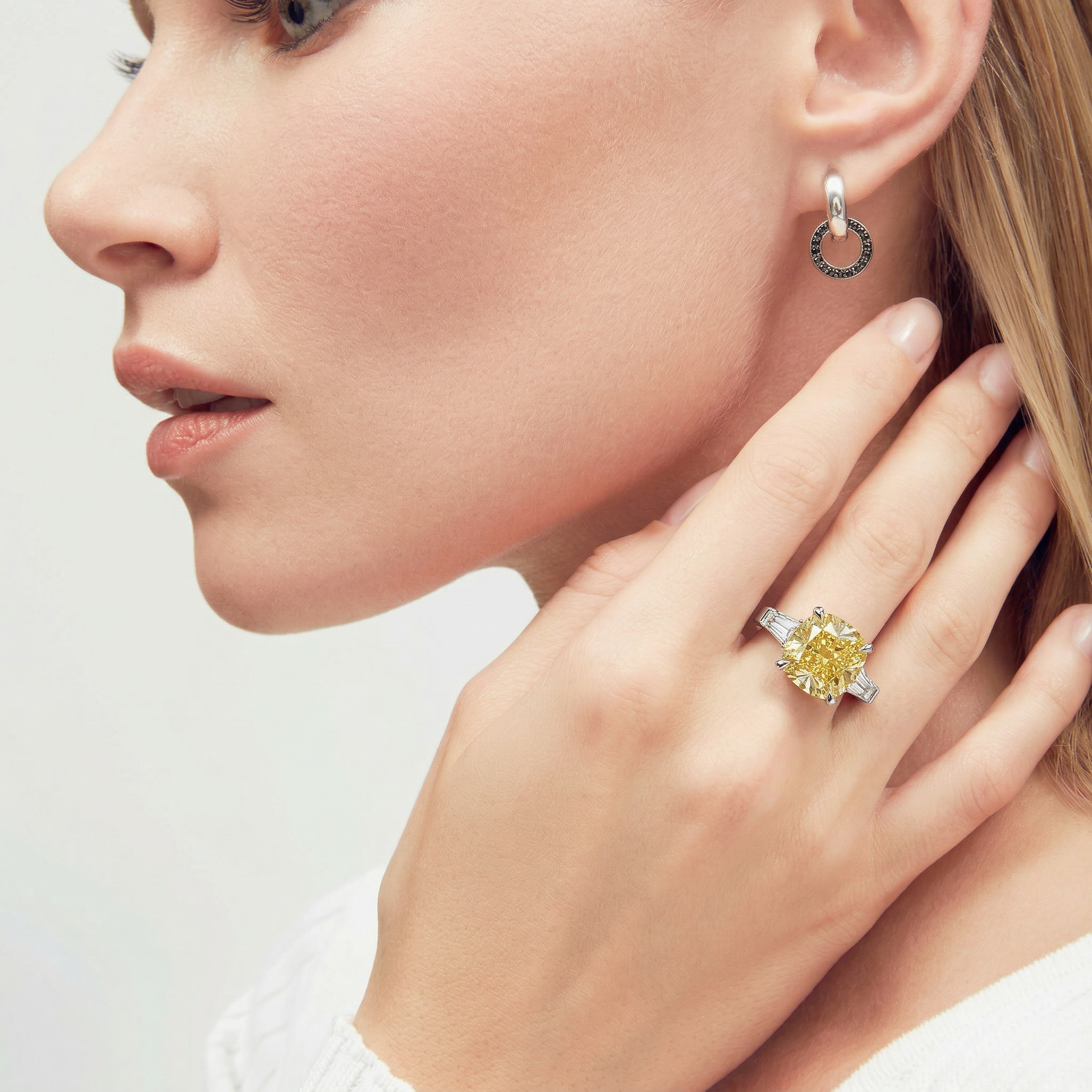 3.75 Carat Fancy Canary Yellow Cushion & Tapered Baguette Lab Grown Diamond Three Stone Engagement Ring