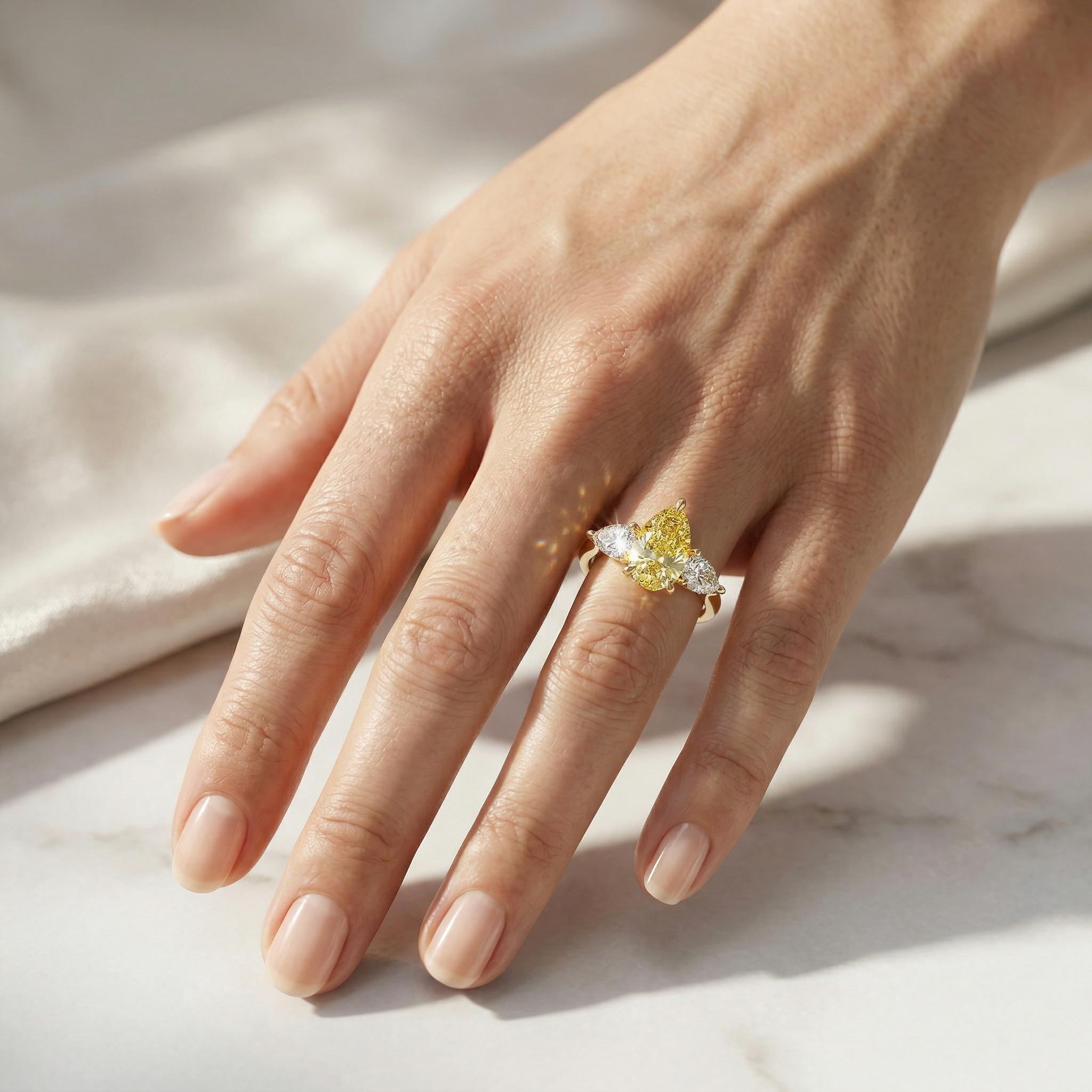 4 Carat Canary Yellow Pear Cut Three Stone Lab Grown Diamond Engagement Ring