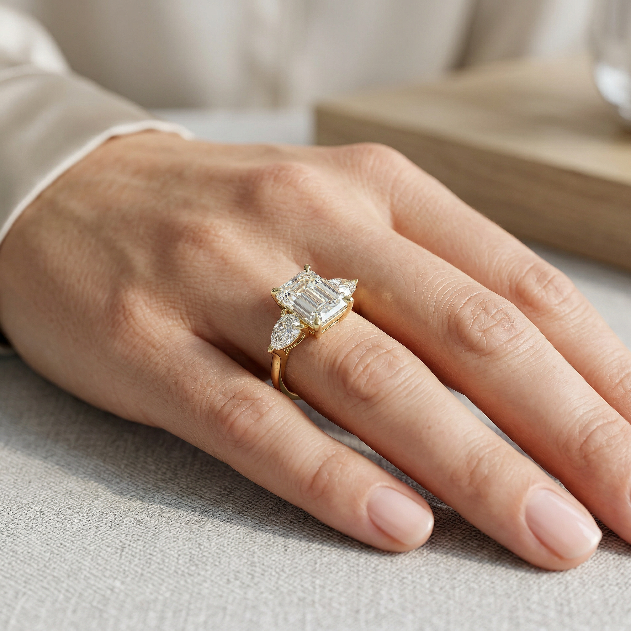 4 Carat E/VVS Emerald & Pear Cut Three Stone Lab Grown Diamond Engagement Ring