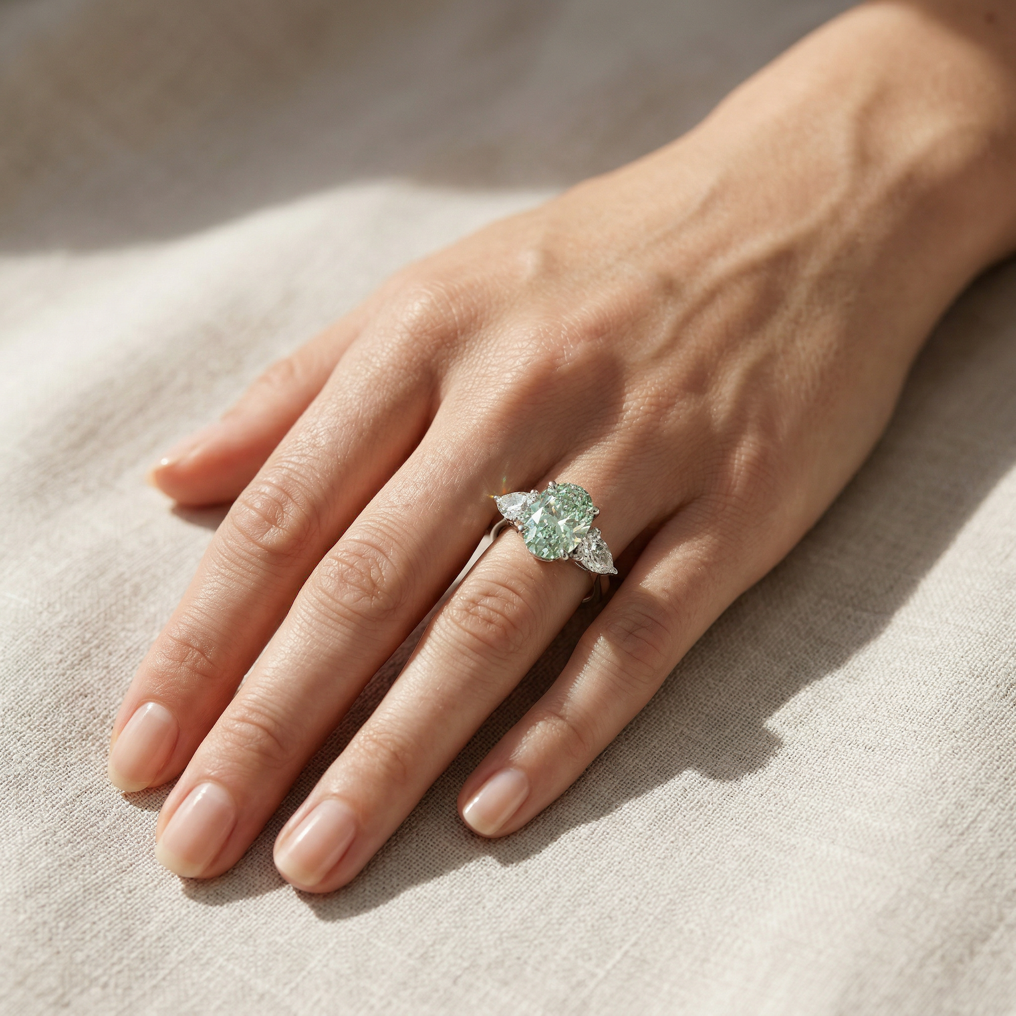3 Carat Fancy Vivid Green Oval Lab Diamond Three Stone Engagement Ring | Pear Cut Sides | Mohana Jewels
