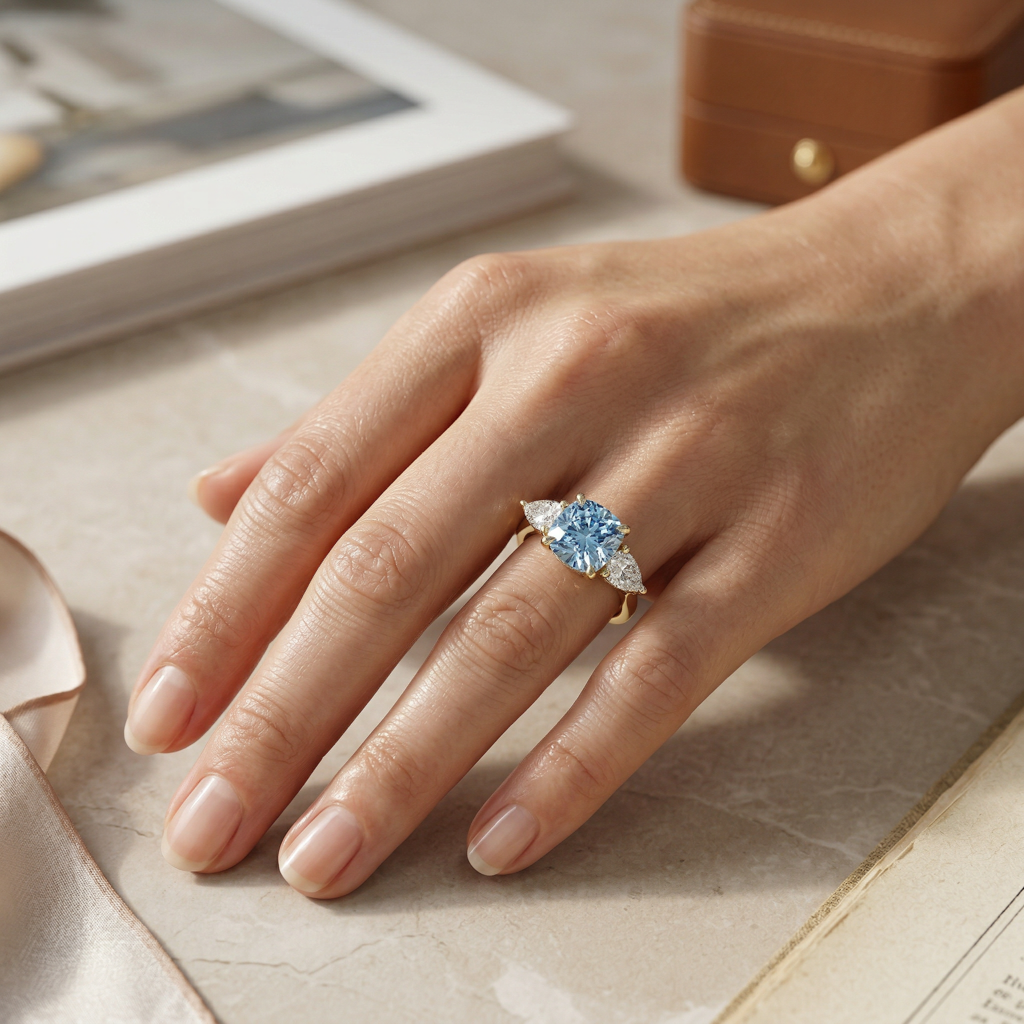4 Carat Fancy Blue Cushion & Pear Cut Three Stone Lab Grown Diamond Engagement Ring